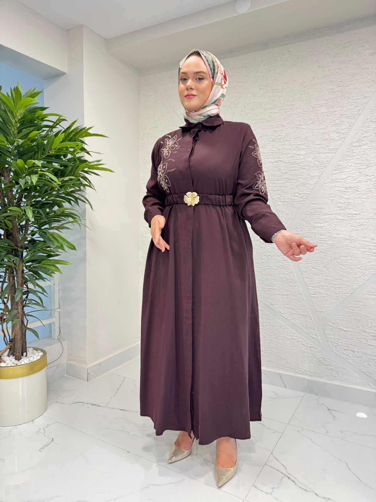 7 ALA OTANTİK 6010 NAKIŞLI MODAL ELBİSE BORDO