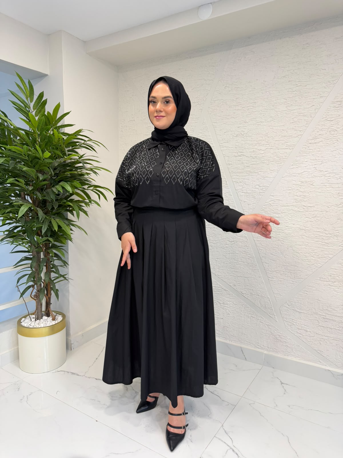 7 ALA OTANTİK 6066 POPLİN TAŞLI GÖMLEK TAKIM SİYAH