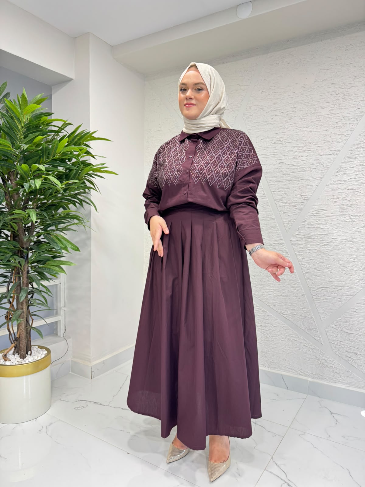 7 ALA OTANTİK 6066 POPLİN TAŞLI GÖMLEK TAKIM BORDO