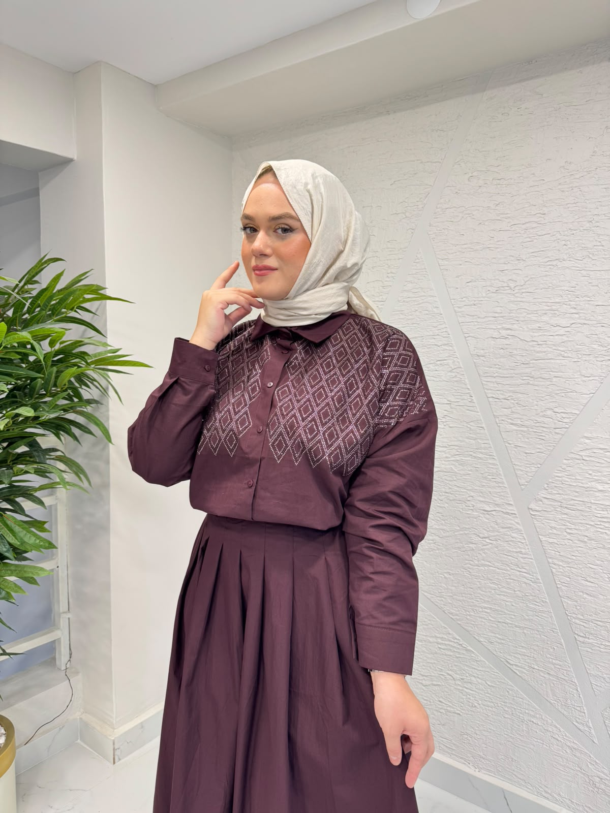 7 ALA OTANTİK 6066 POPLİN TAŞLI GÖMLEK TAKIM BORDO