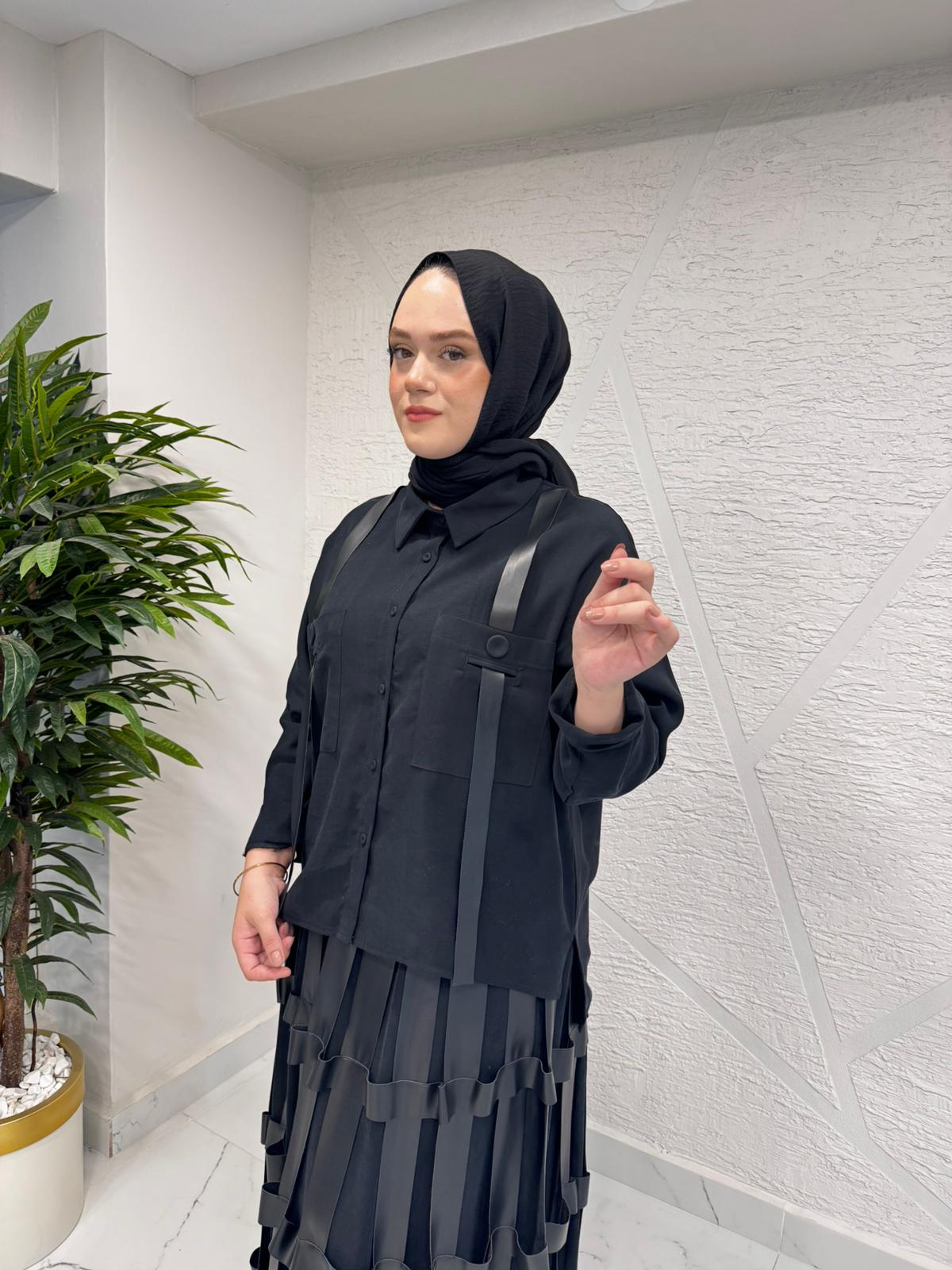 CEREMONY 6105-6609 ANJELİK OMUZDAN DERİ ASKILI DETAYLI TUNİK KAFES ETEK TAKIM SİYAH