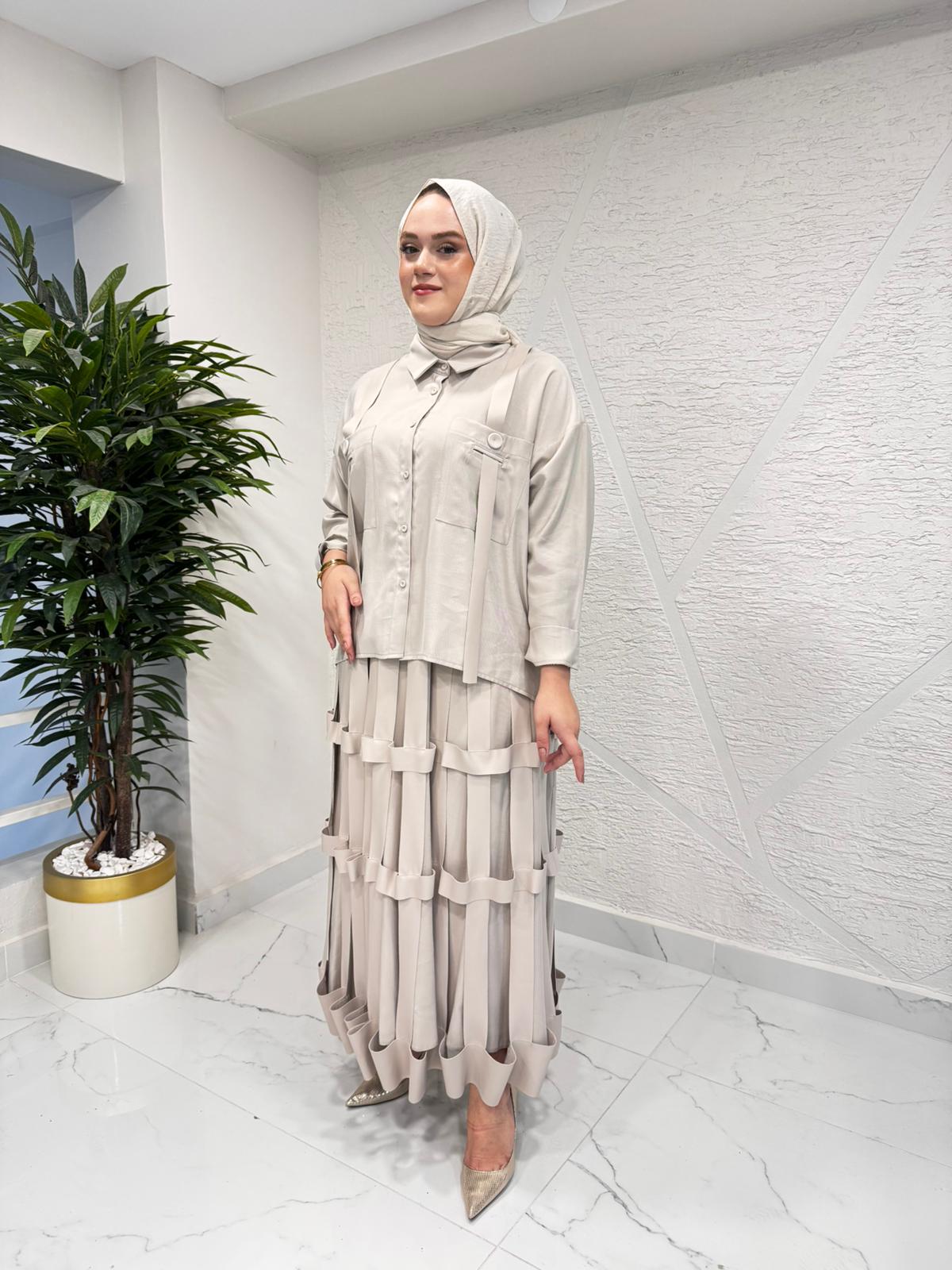 CEREMONY 6105-6609 ANJELİK OMUZDAN DERİ ASKILI DETAYLI TUNİK KAFES ETEK TAKIM TAŞ
