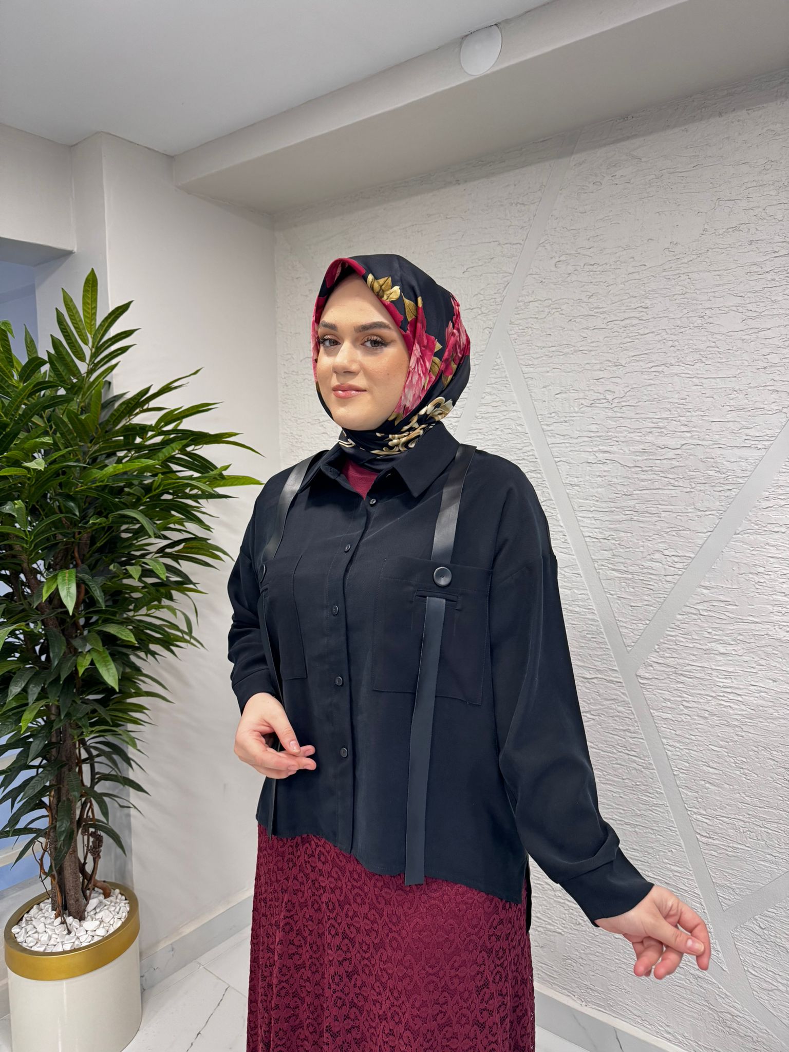 CEREMONY 6105 ANJELİK OMUZDAN DERİ ASKI DETAYLI TUNİK SİYAH