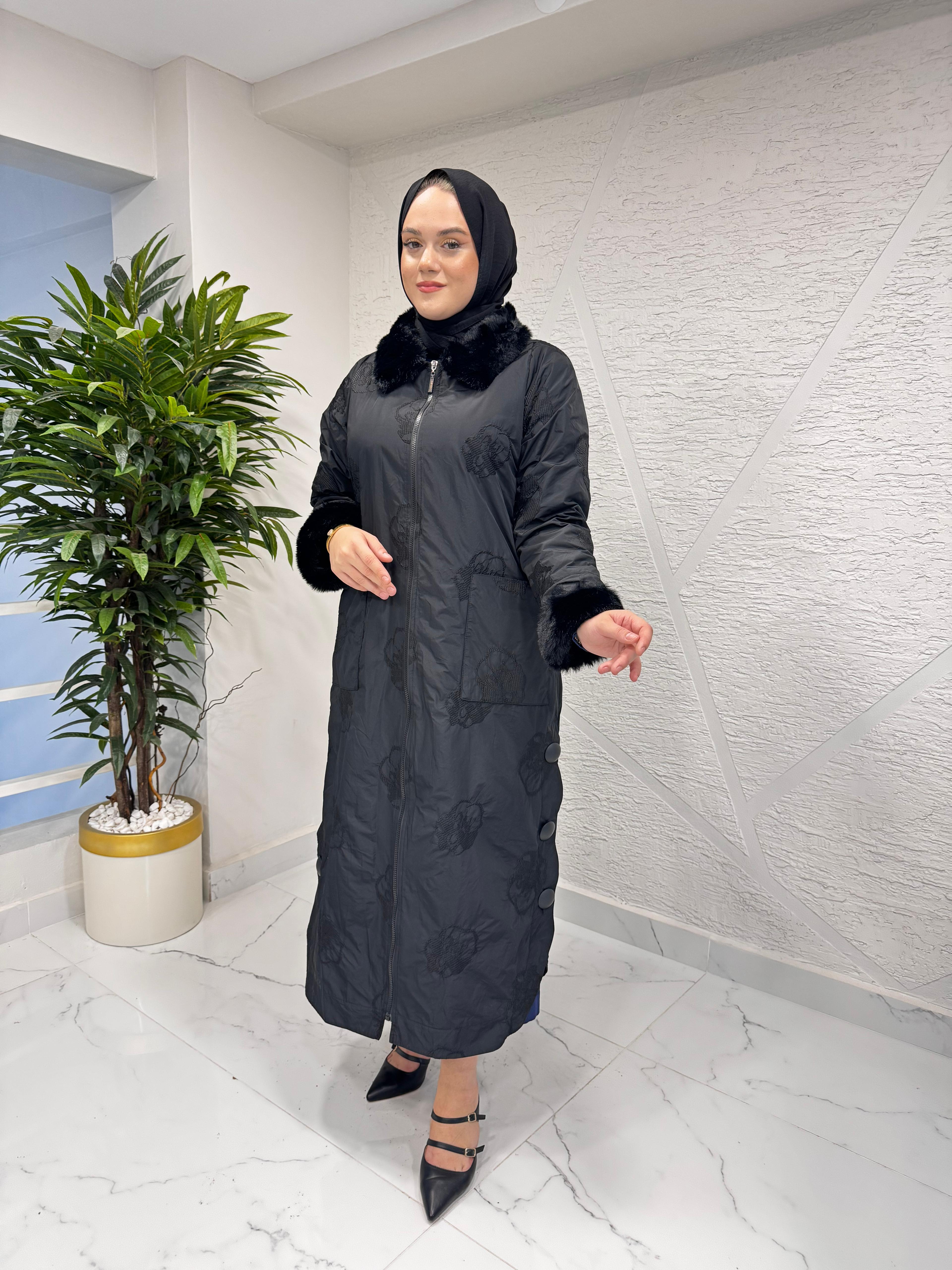 LISSMORE 6123 YAKASI VE KOLLARI KÜRKLÜ KABAN SİYAH