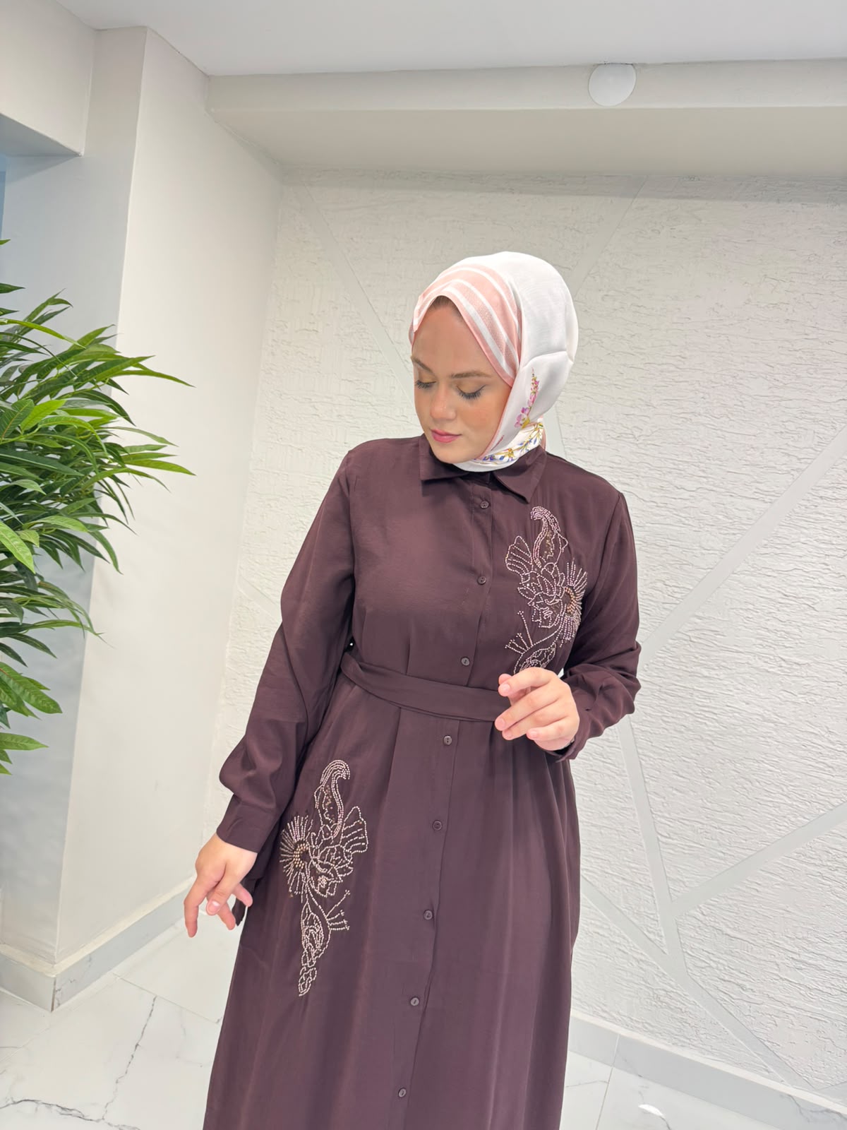 7 ALA OTANTİK 6138 MODAL KUMAŞ TAŞLI ELBİSE BORDO