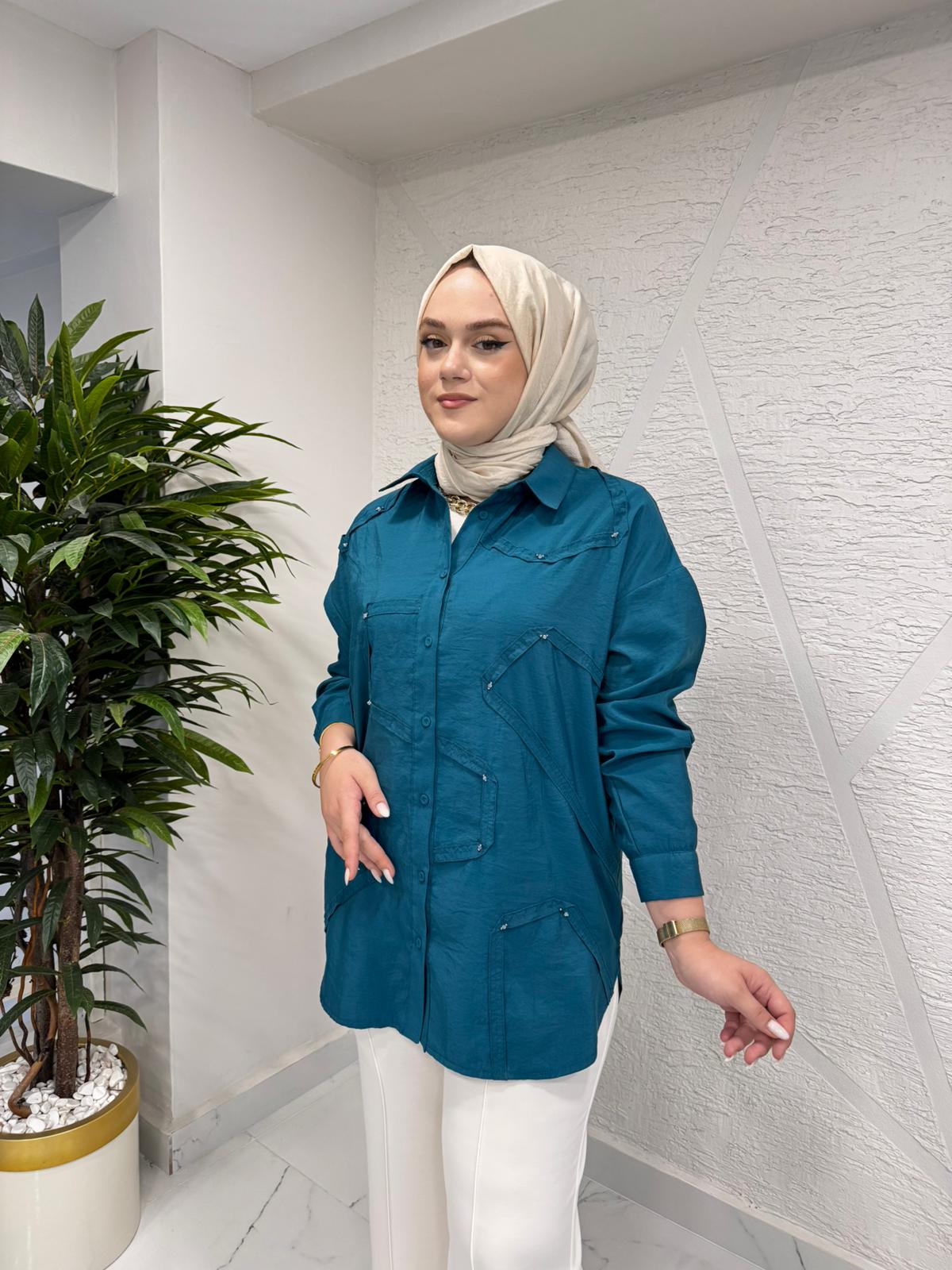 CEREMONY 6146 DÜĞMELİ UZUN KOLLU DEKORATİF DİKİŞLİ GÖMLEK İNDİGO