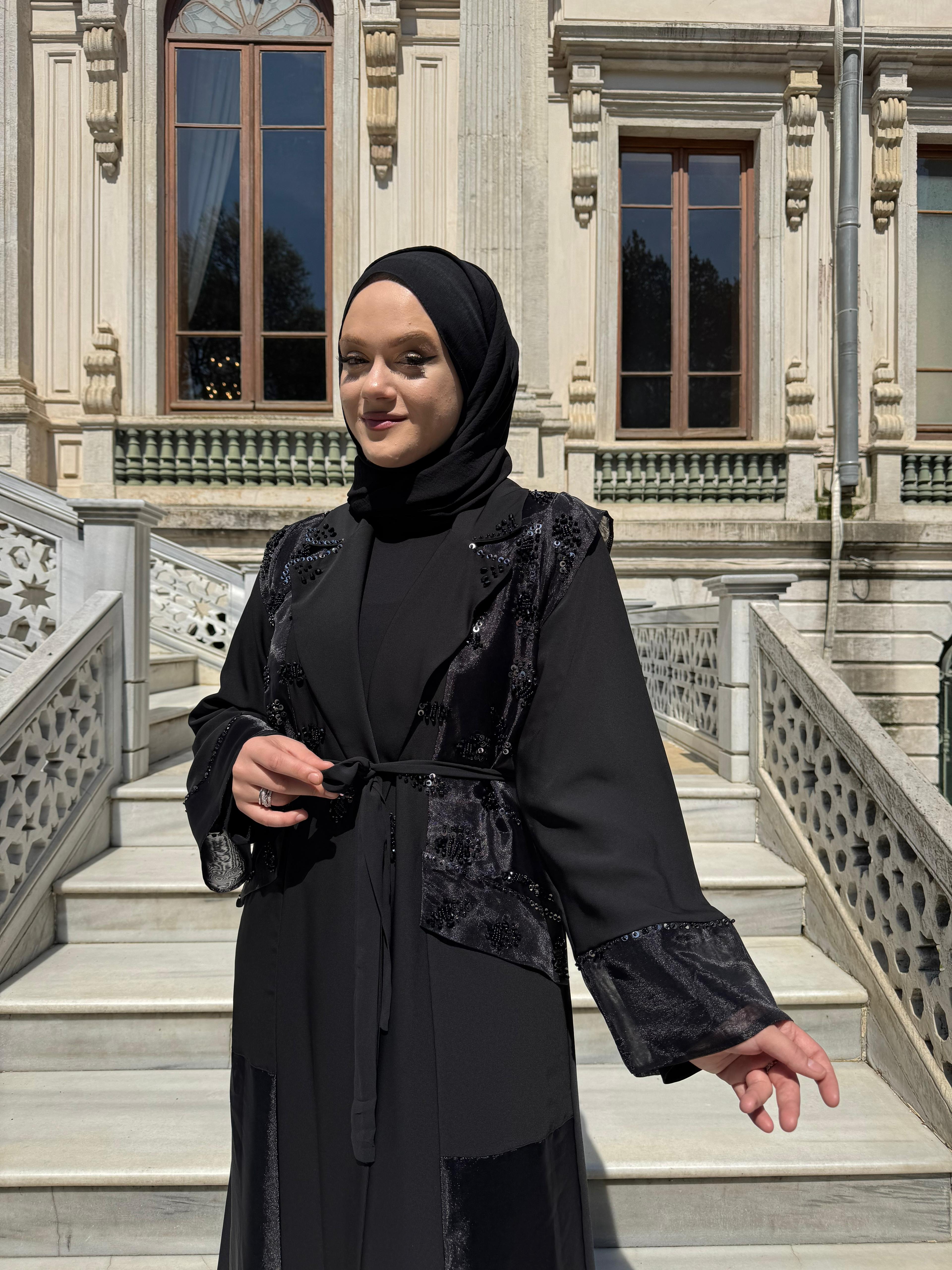 ETRUCCI 6251 BONCUK İŞLEME DETAYLI ABAYA (İÇLİKSİZ) SİYAH