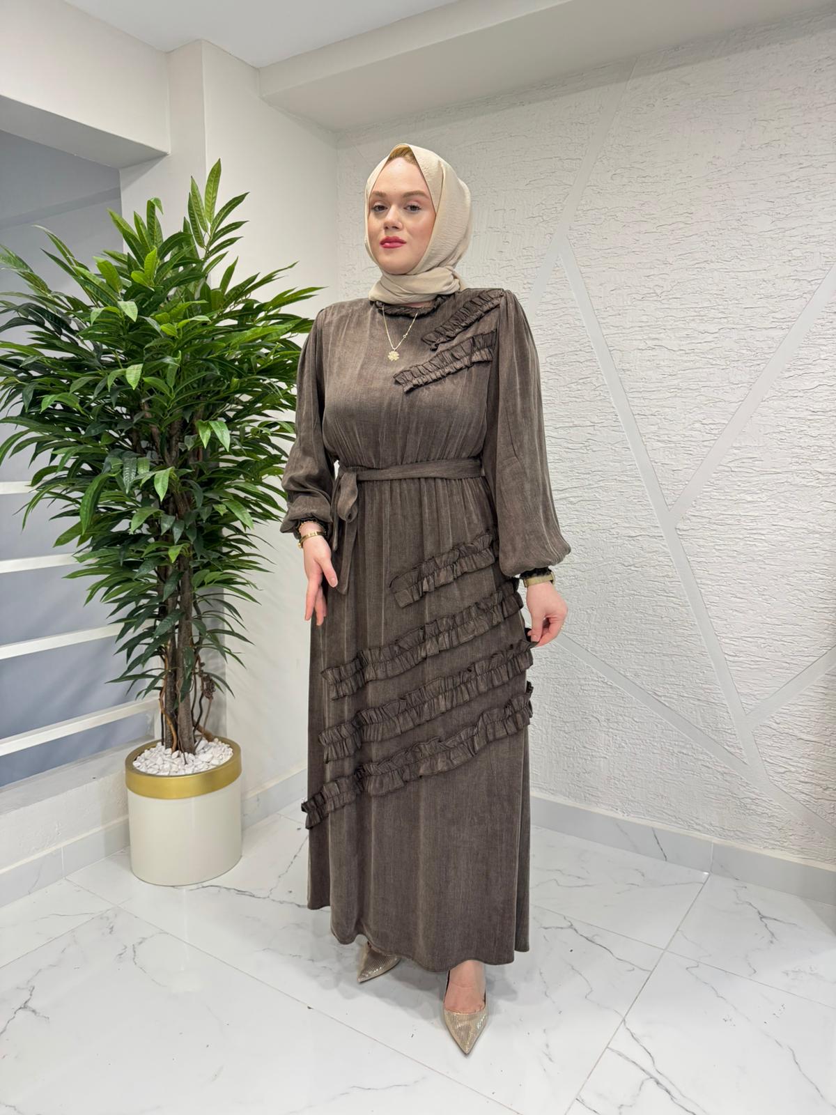 QASHE 6568 İPEK ELBİSE KAHVERENGİ