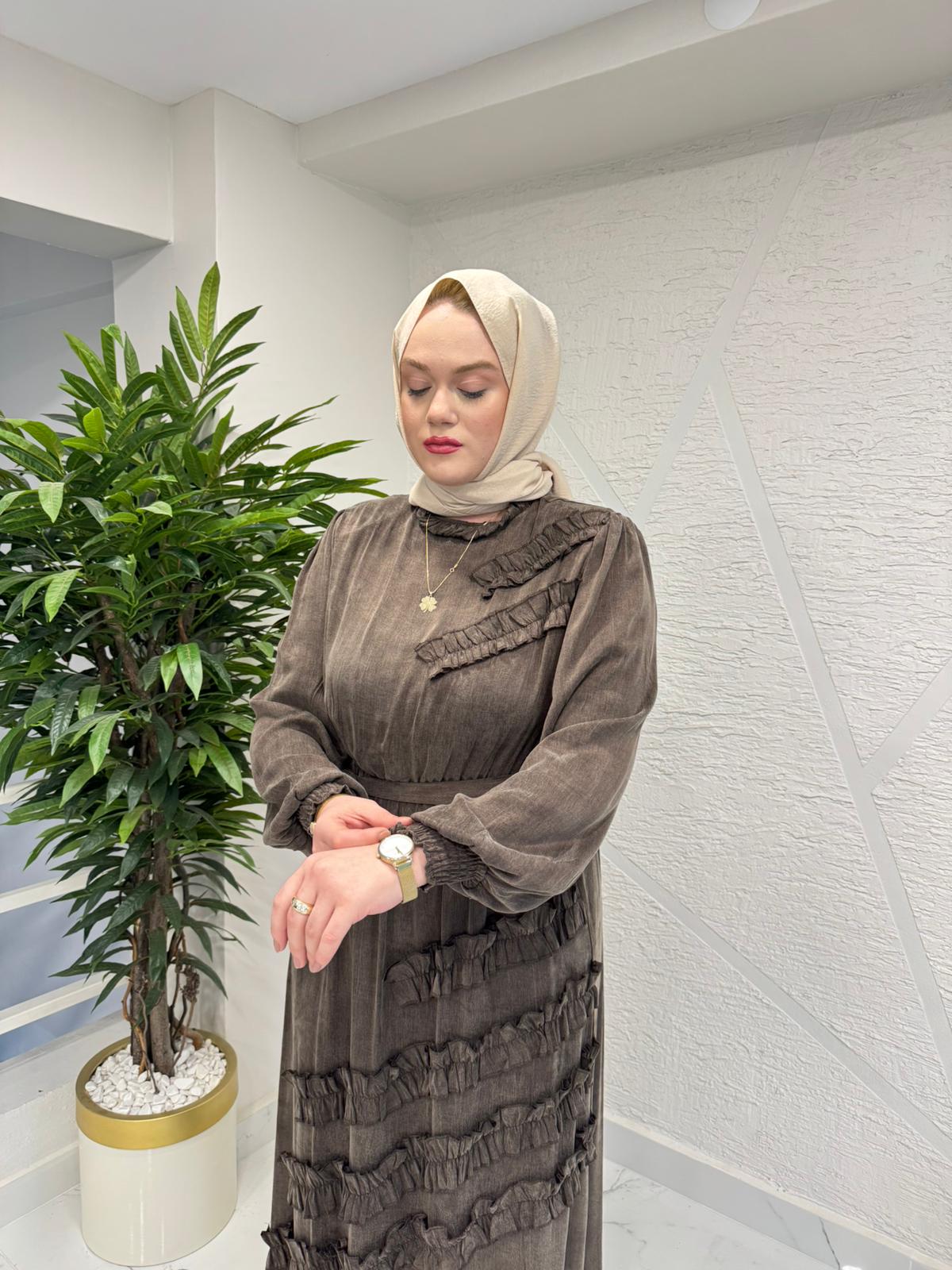 QASHE 6568 İPEK ELBİSE KAHVERENGİ