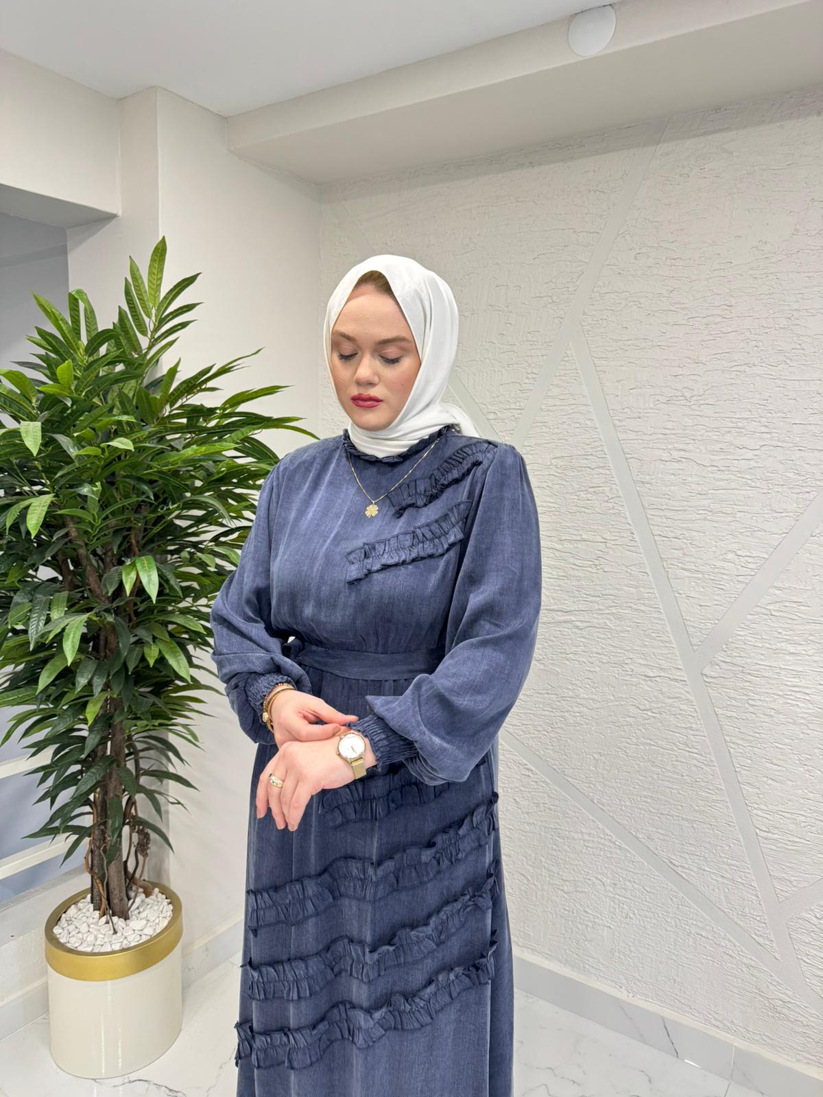 QASHE 6568 İPEK ELBİSE LACİVERT