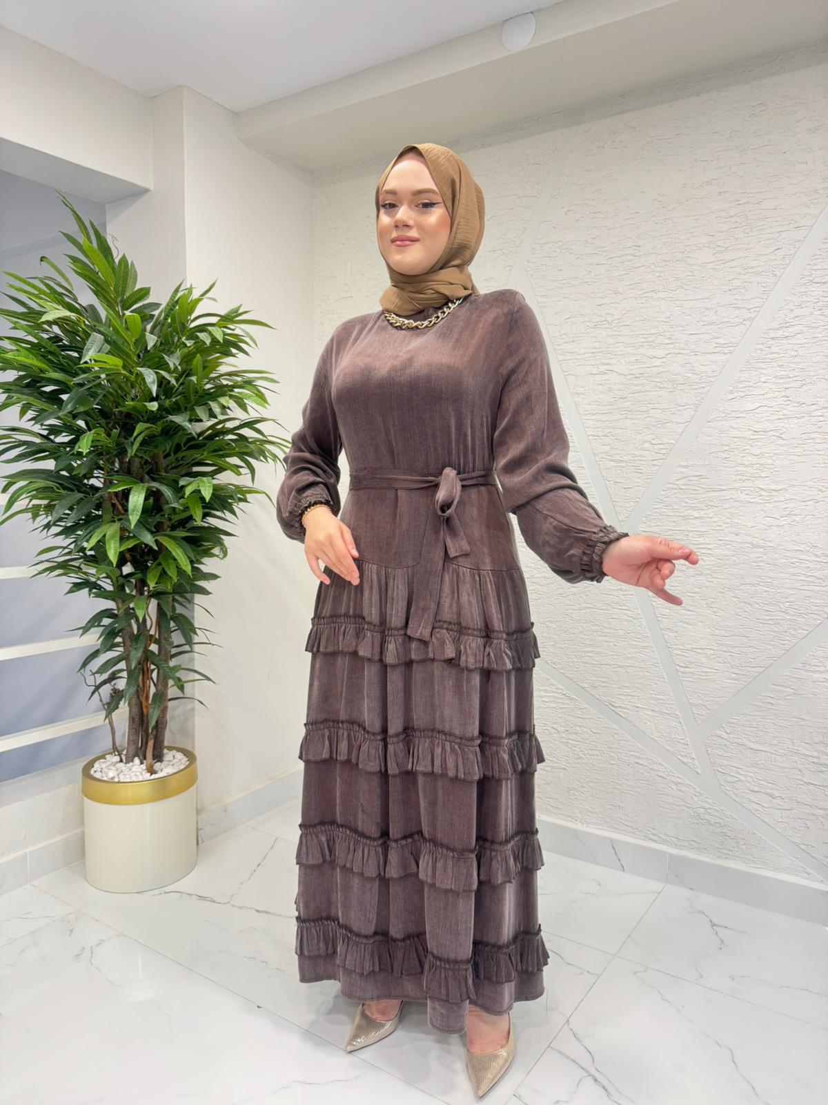 QASHE 6619 ELBİSE KAHVERENGİ