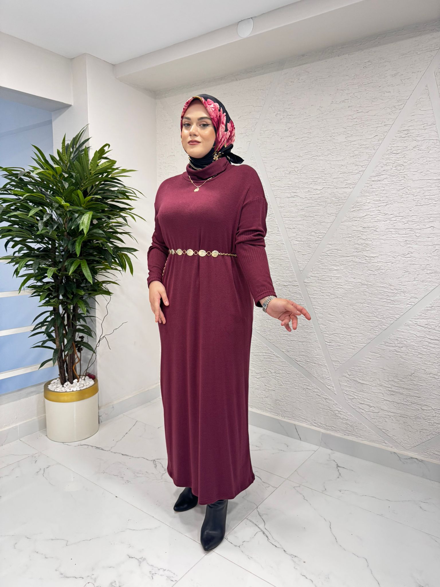 CEREMONY 6716 BALIKÇI YAKA KEMER AKSESUARLI TRİKO ELBİSE BORDO