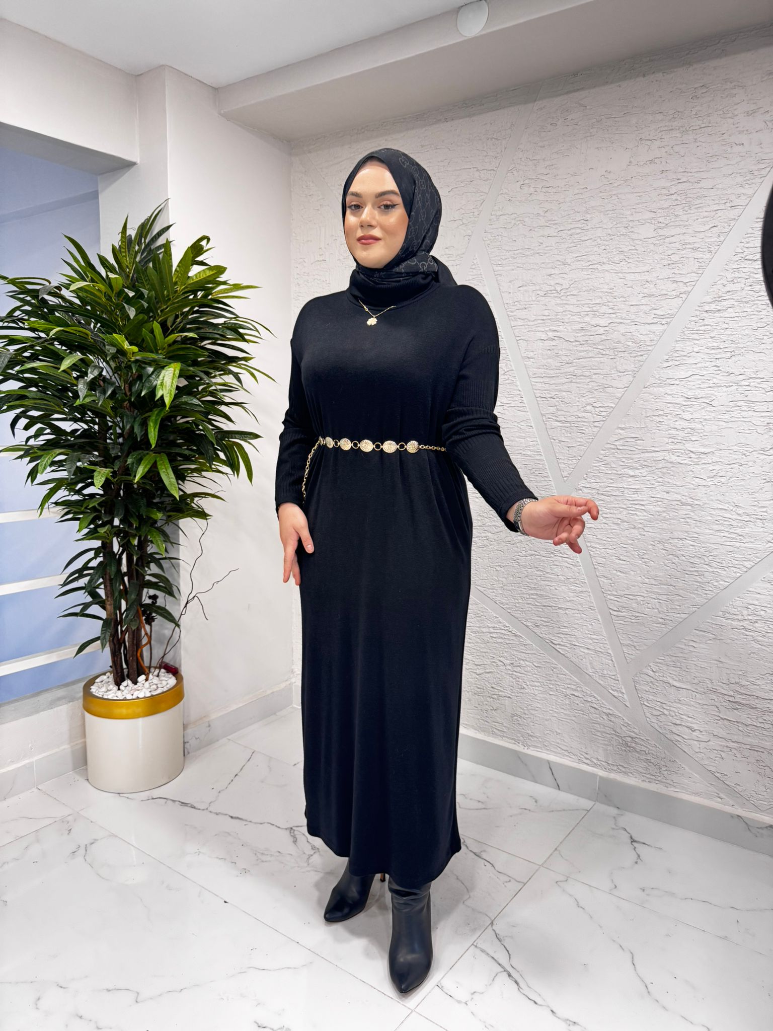 CEREMONY 6716 BALIKÇI YAKA KEMER AKSESUARLI TRİKO ELBİSE SİYAH