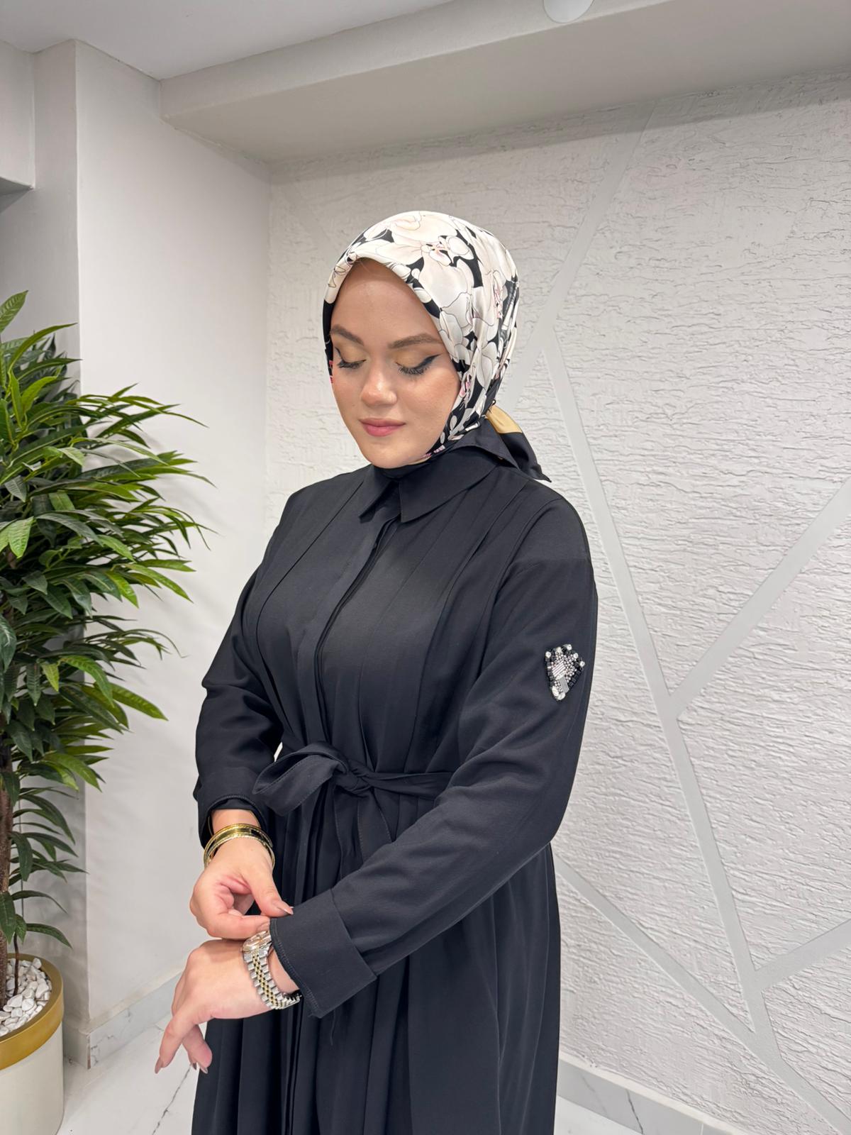 CEREMONY 6717 KOLU TAŞ DETAY ÖNDEN DÜĞMELİ BELDEN KUŞAKLI GÖMLEK ELBİSE SİYAH