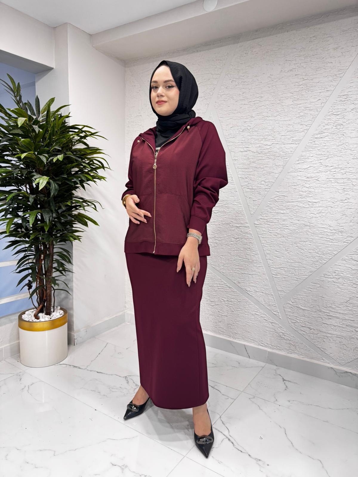 CEREMONY 6865 ÖNDEN FERMUARLI DUBAI GARNİLİ KAPÜŞONLU CEKET BORDO