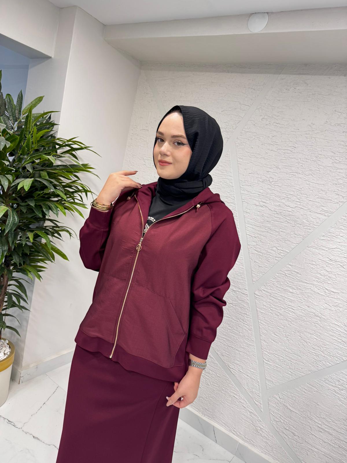CEREMONY 6865 ÖNDEN FERMUARLI DUBAI GARNİLİ KAPÜŞONLU CEKET BORDO