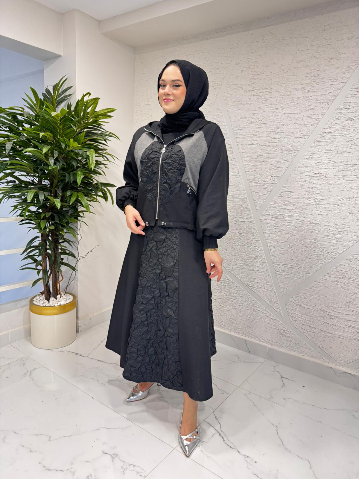 CEREMONY 6924 ÖNÜ VE CEPLERİ FERMUAR DETAYLI CEKETLİ ETEKLİ STAR TAKIM GRİ