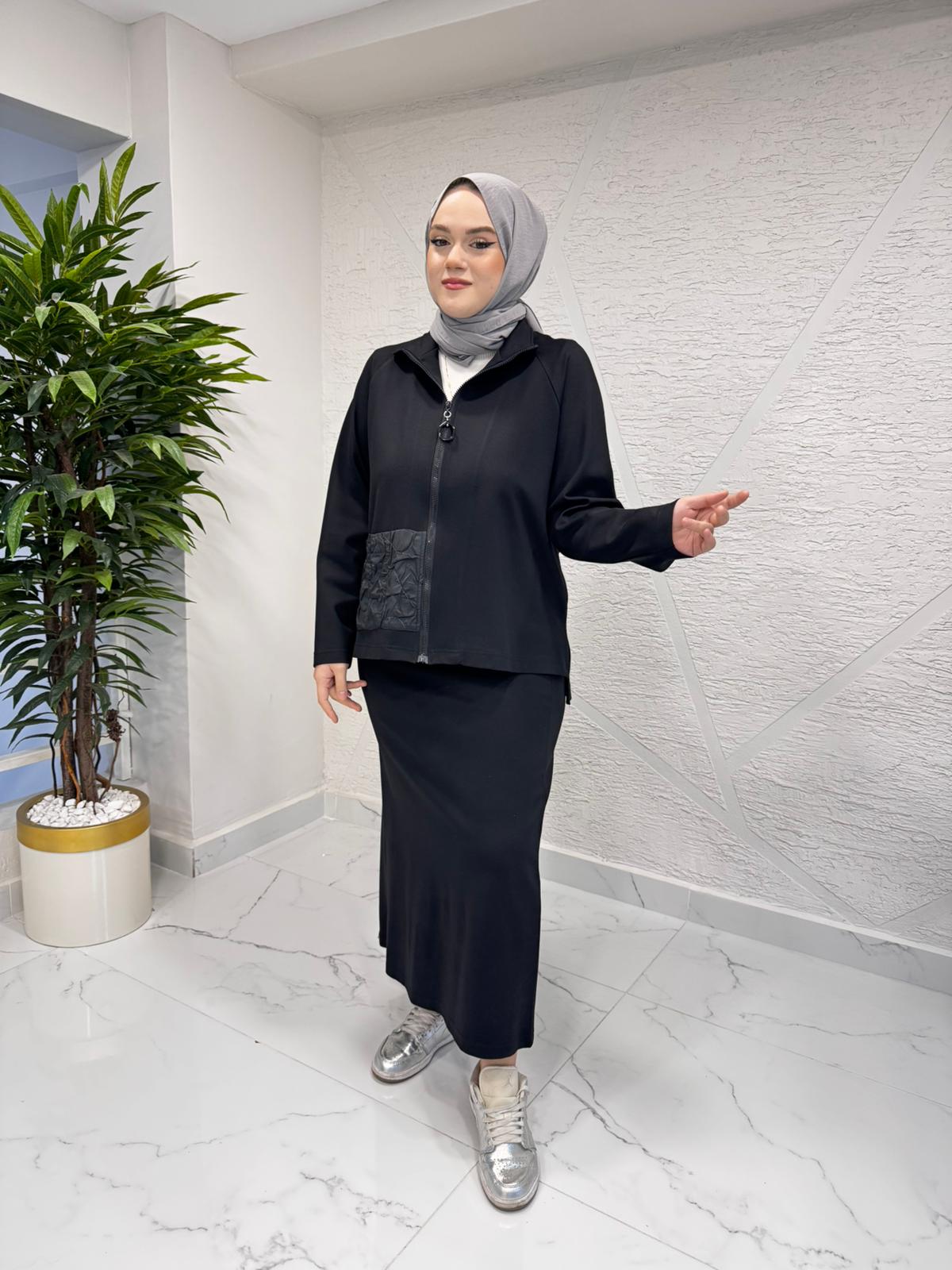 CEREMONY 6925 HAKİM YAKA ÖNÜ FERMUARLI TEK YANI STAR VE AKSESUAR DETAYLI ETEKLİ TAKIM SİYAH