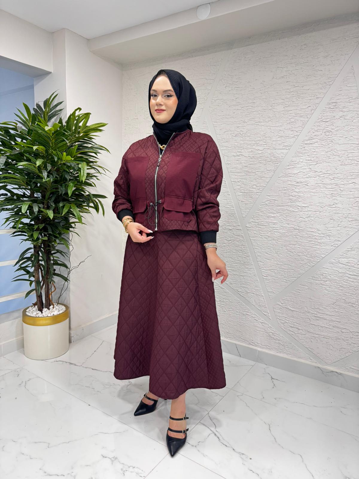 CEREMONY 6934 ÖNÜ FERMUARLI CEKET VE ETEKLİ BAKLAVA KAPİTONE TAKIM BORDO