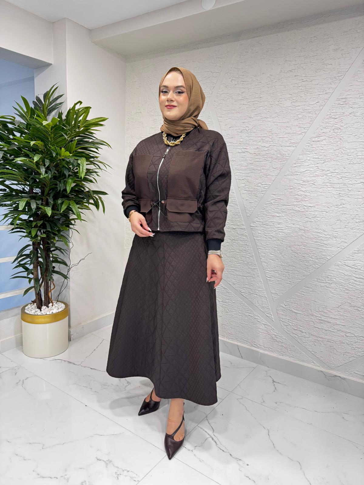 CEREMONY 6934 ÖNÜ FERMUARLI CEKET VE ETEKLİ BAKLAVA KAPİTONE TAKIM KAHVERENGİ