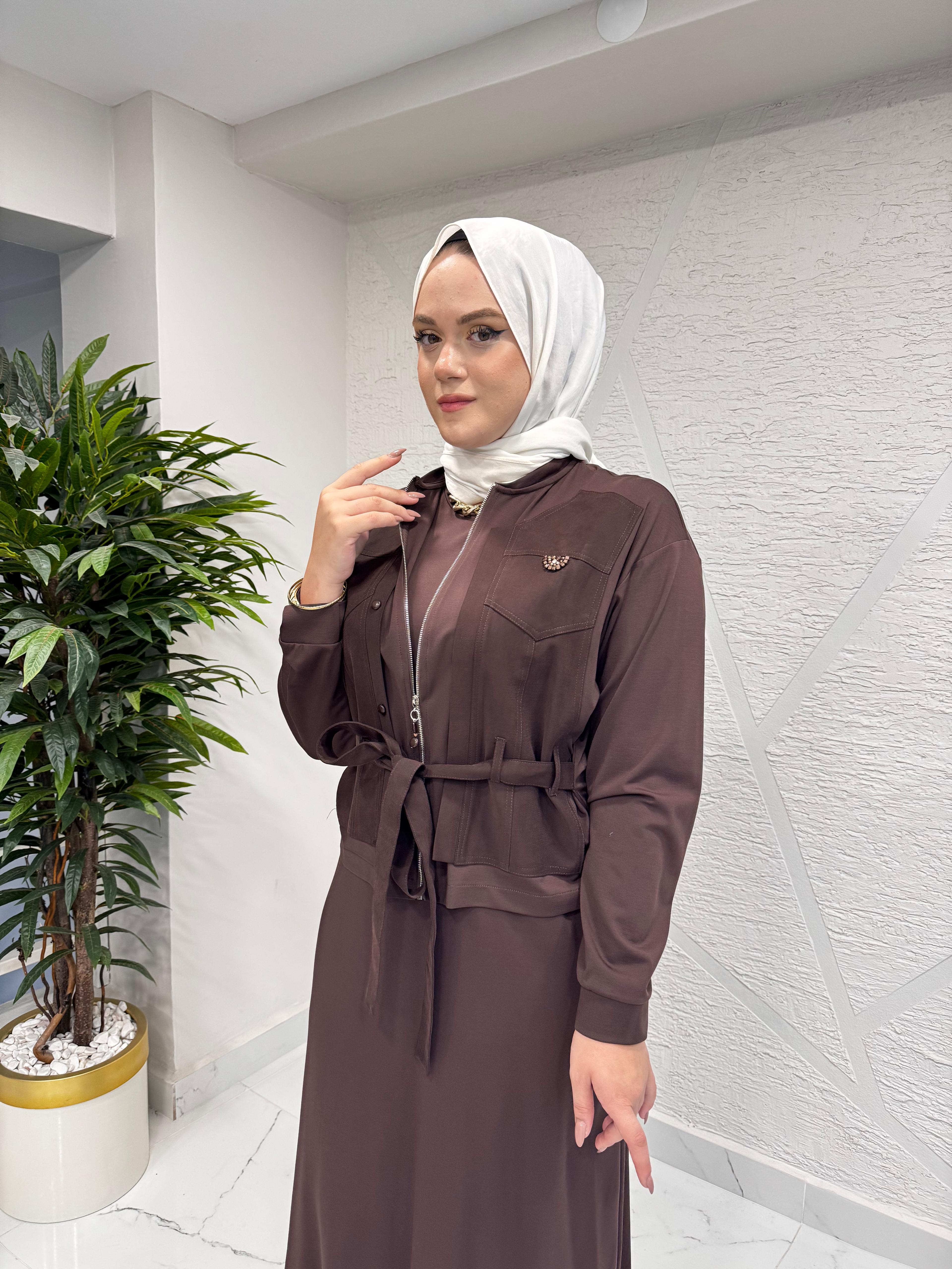 CEREMONY 6942 İÇ ELBİSESİ BAMBU ÖN İKİ PAT TAŞ DETAYLI TAKIM KAHVERENGİ