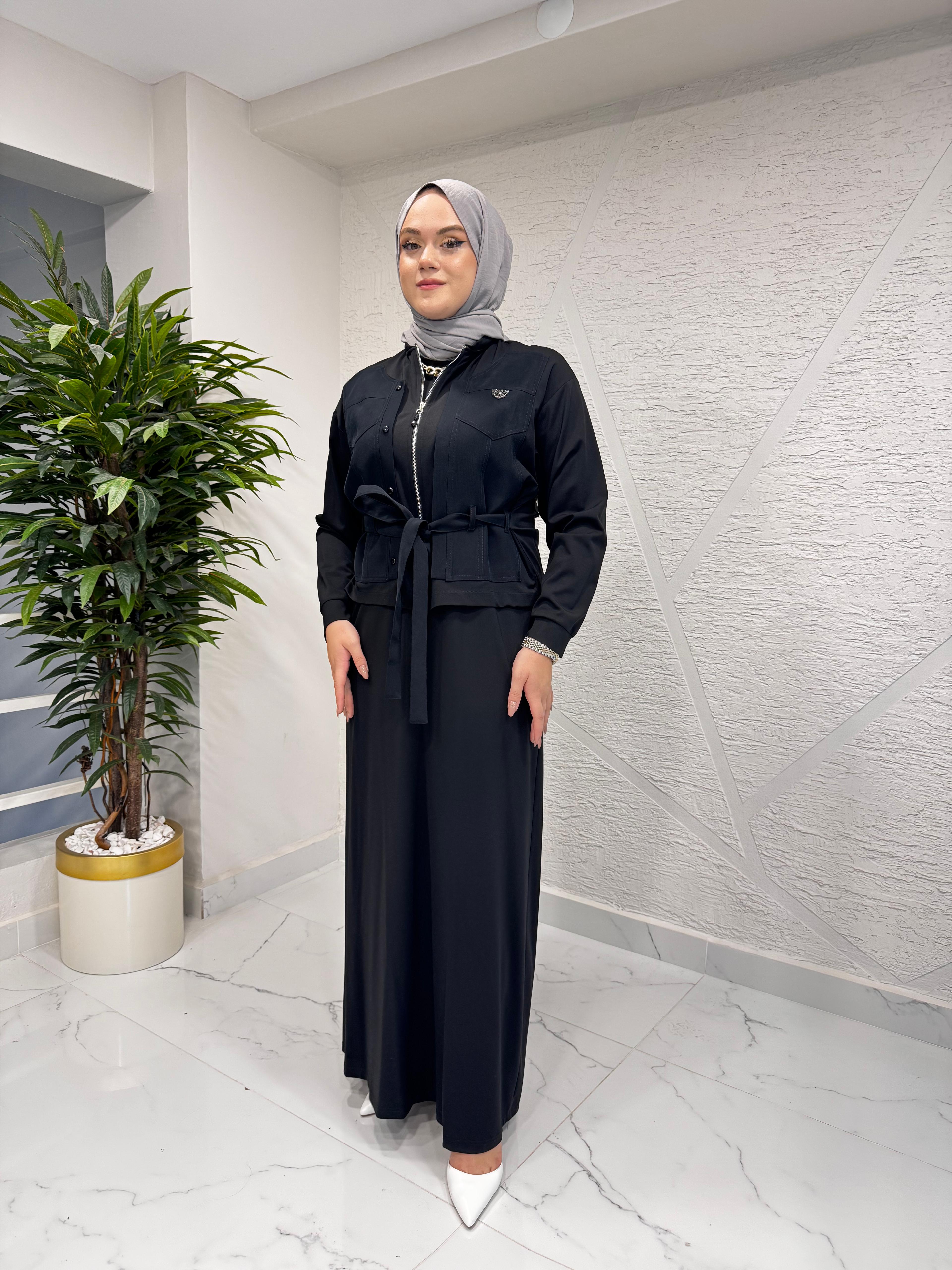 CEREMONY 6942 İÇ ELBİSESİ BAMBU ÖN İKİ PAT TAŞ DETAYLI TAKIM SİYAH