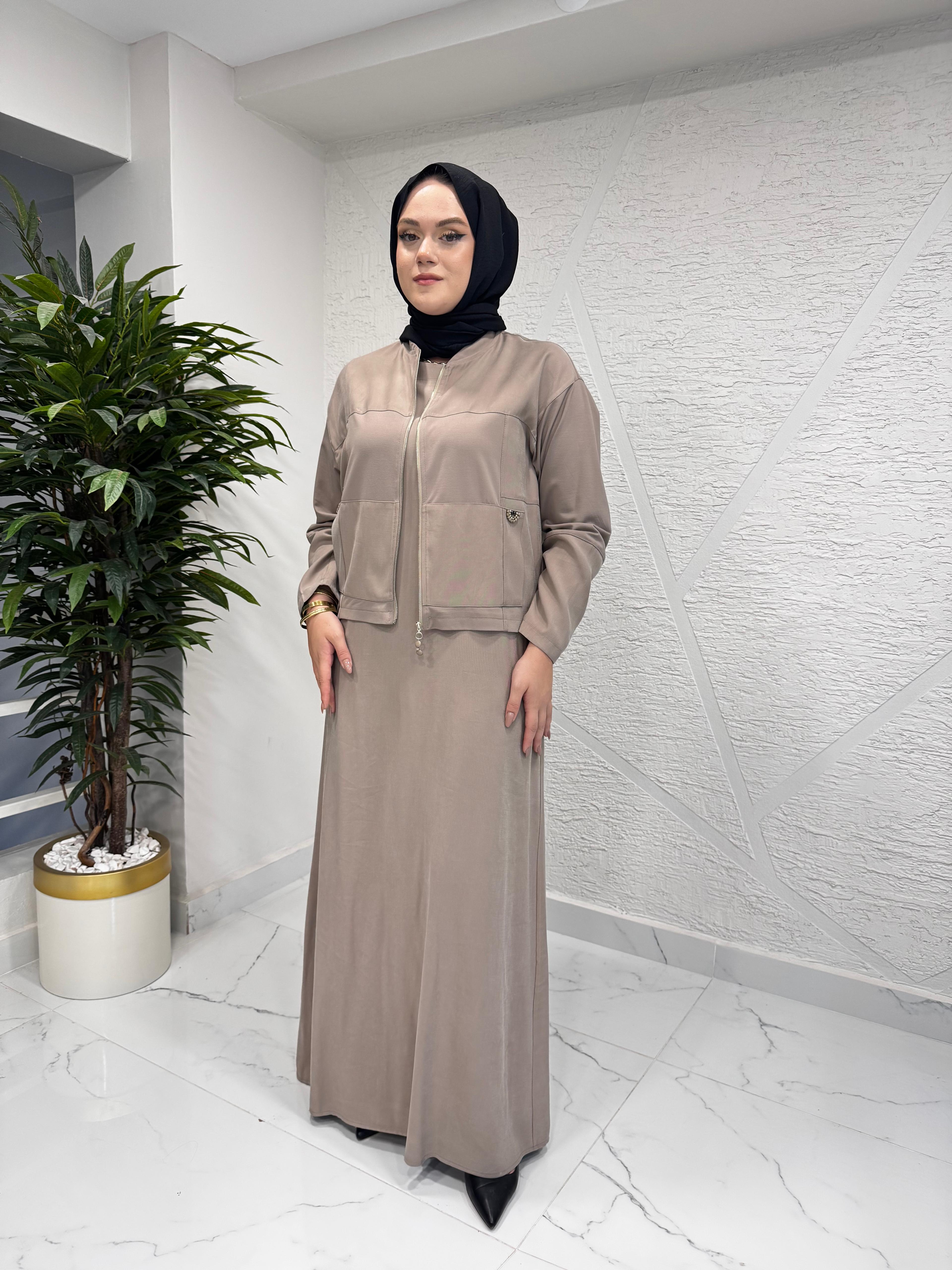 CEREMONY 6943 CEKETİ BAMBU DETAYLI ELBİSELİ TAKIM VİZON