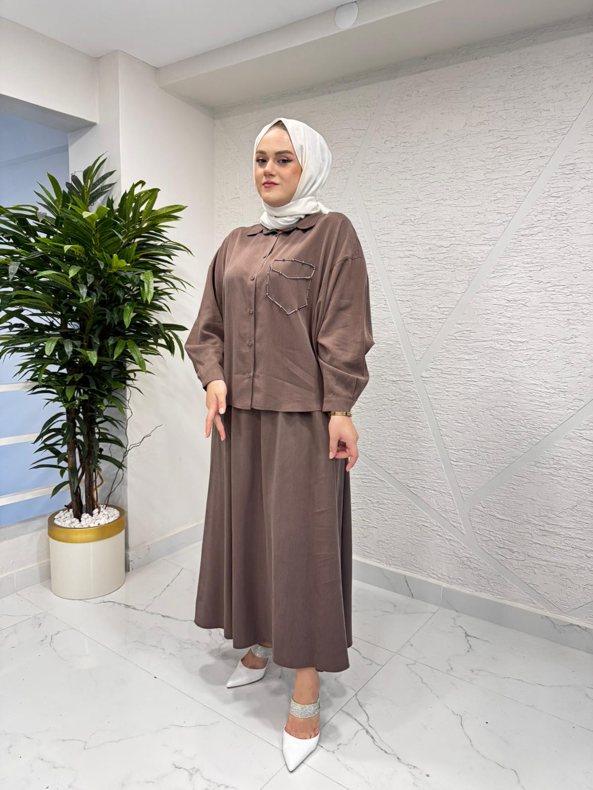 CEREMONY 6945 TUNİĞİ BONCUK İŞLEMELİ ETEKLİ TAKIM KAHVERENGİ