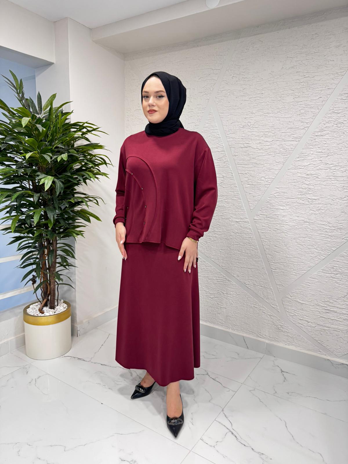 CEREMONY 6949 OVAL KESİKLİ TAŞ İŞLEMELİ ADEL ETEKLİ TAKIM BORDO