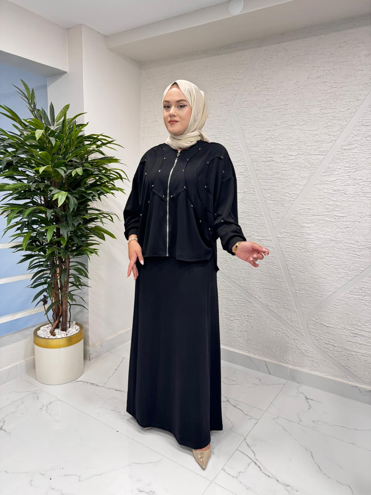 CEREMONY 6952 OVAL KESİKLİ TAŞ İŞLEMELİ BOLEROLU ADEL TAKIM SİYAH