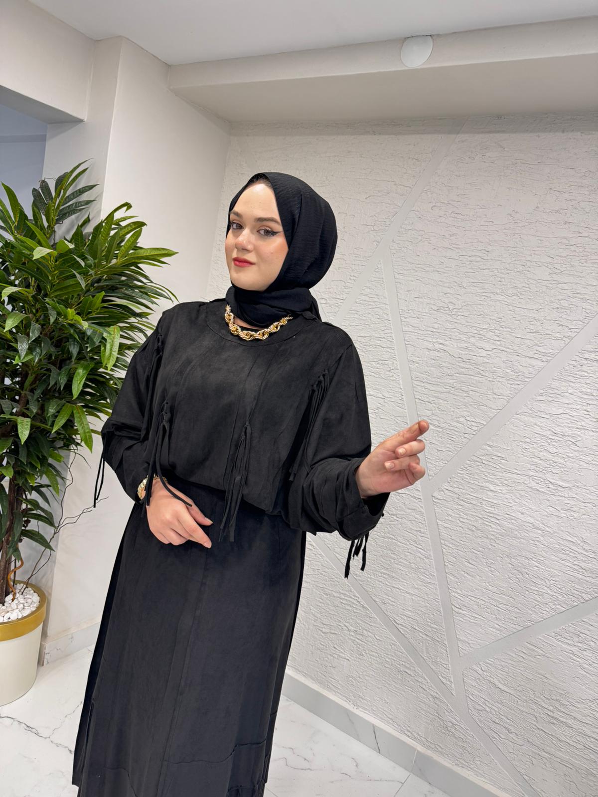 CEREMONY 6956 YARASA KOL SÜET ETEKLİ TAKIM SİYAH