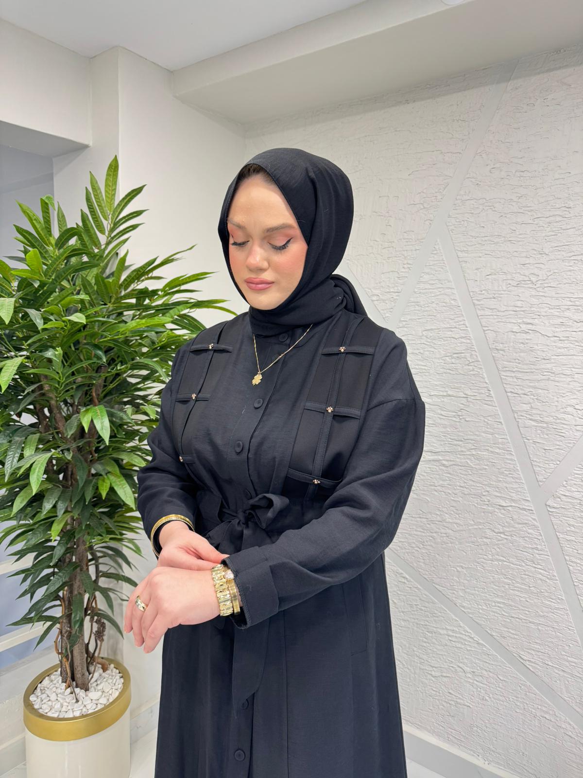 CEREMONY 26Y702 KAFES DETAYLI BELDEN KUŞAKLI KETEN ELBİSE SİYAH