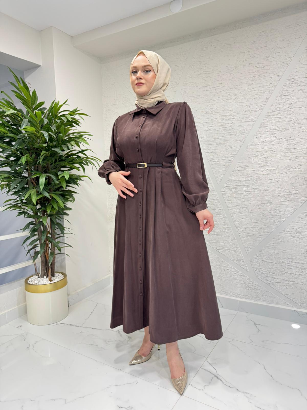 RAIMENT 7057 KEMERLİ ELBİSE KAHVERENGİ