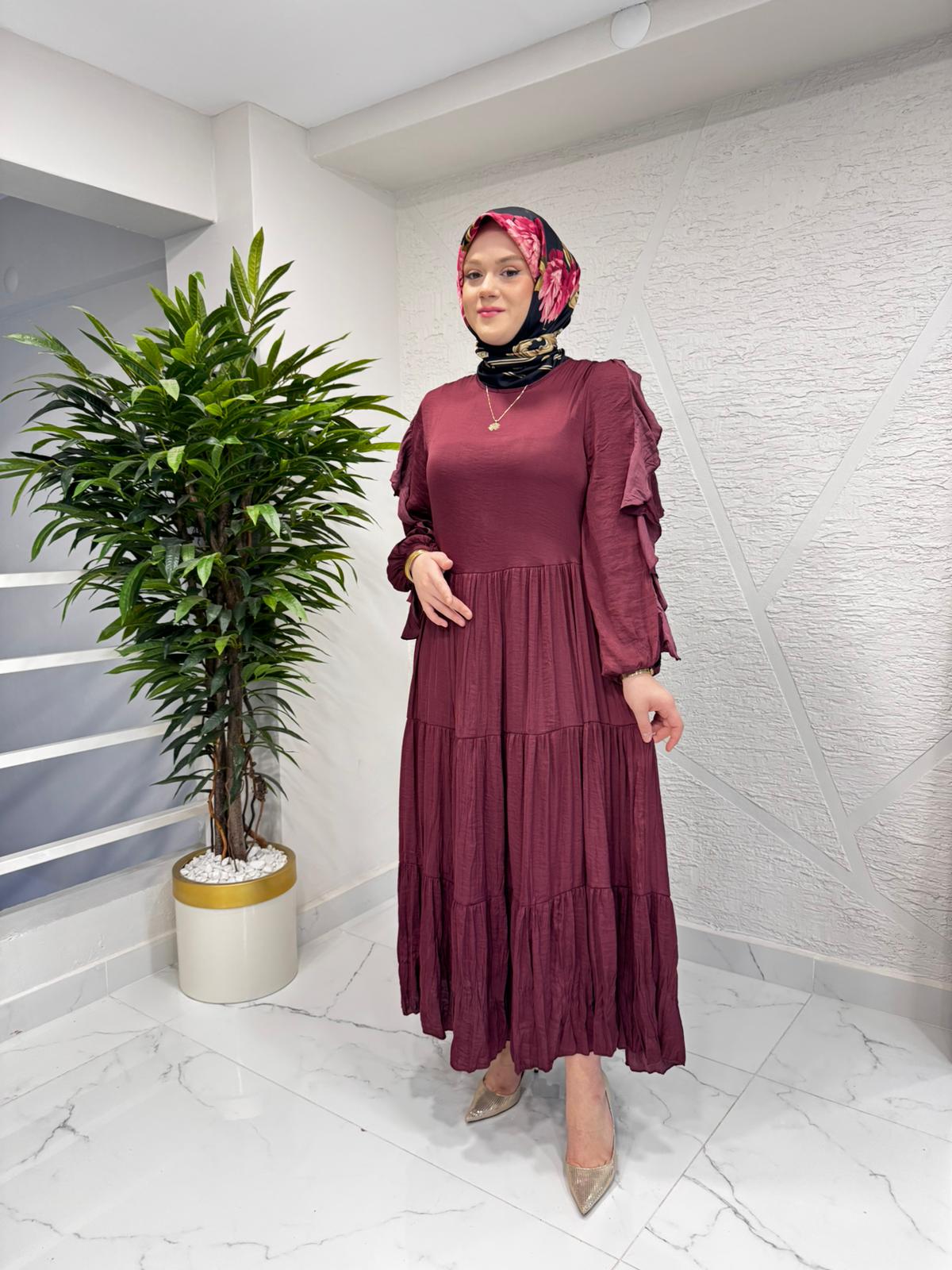 CEREMONY 26Y737 KOLLARI ÇİFT FIRFIR DETAYLI KAT KAT CUPRA ELBİSE BORDO