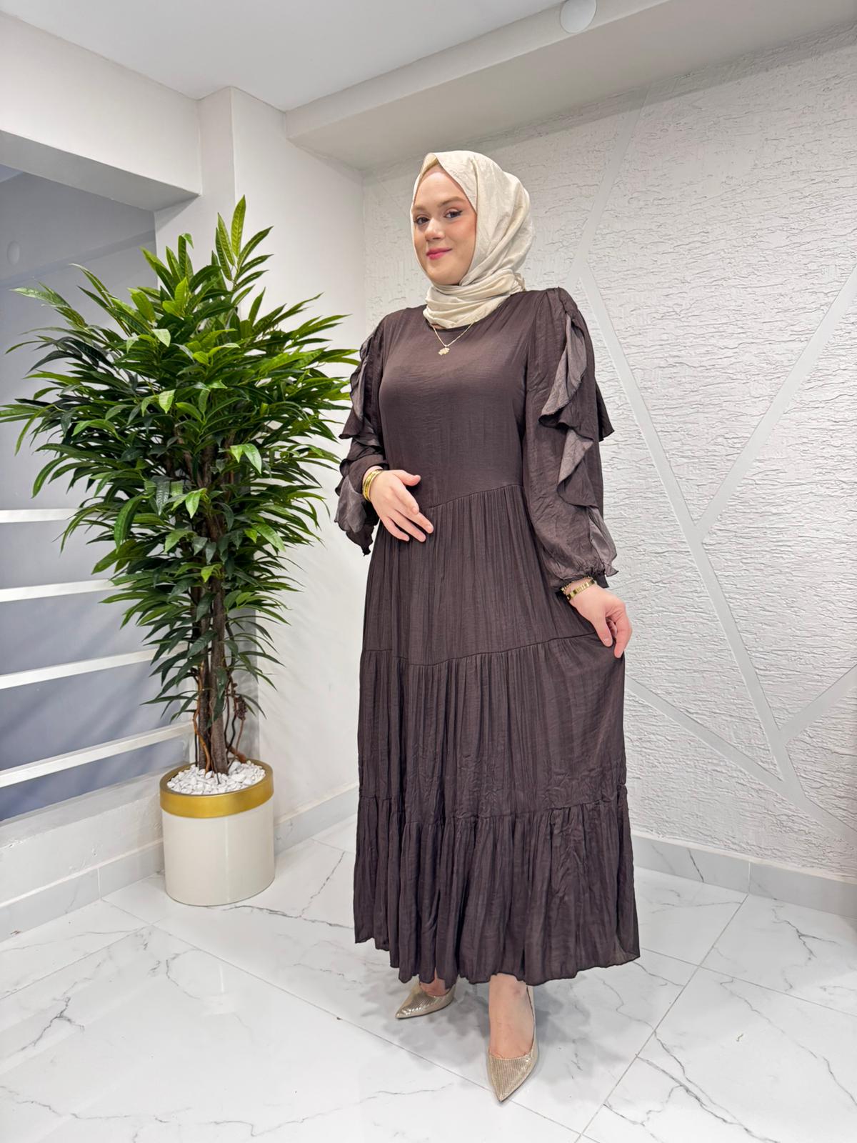 CEREMONY 26Y737 KOLLARI ÇİFT FIRFIR DETAYLI KAT KAT CUPRA ELBİSE KAHVERENGİ