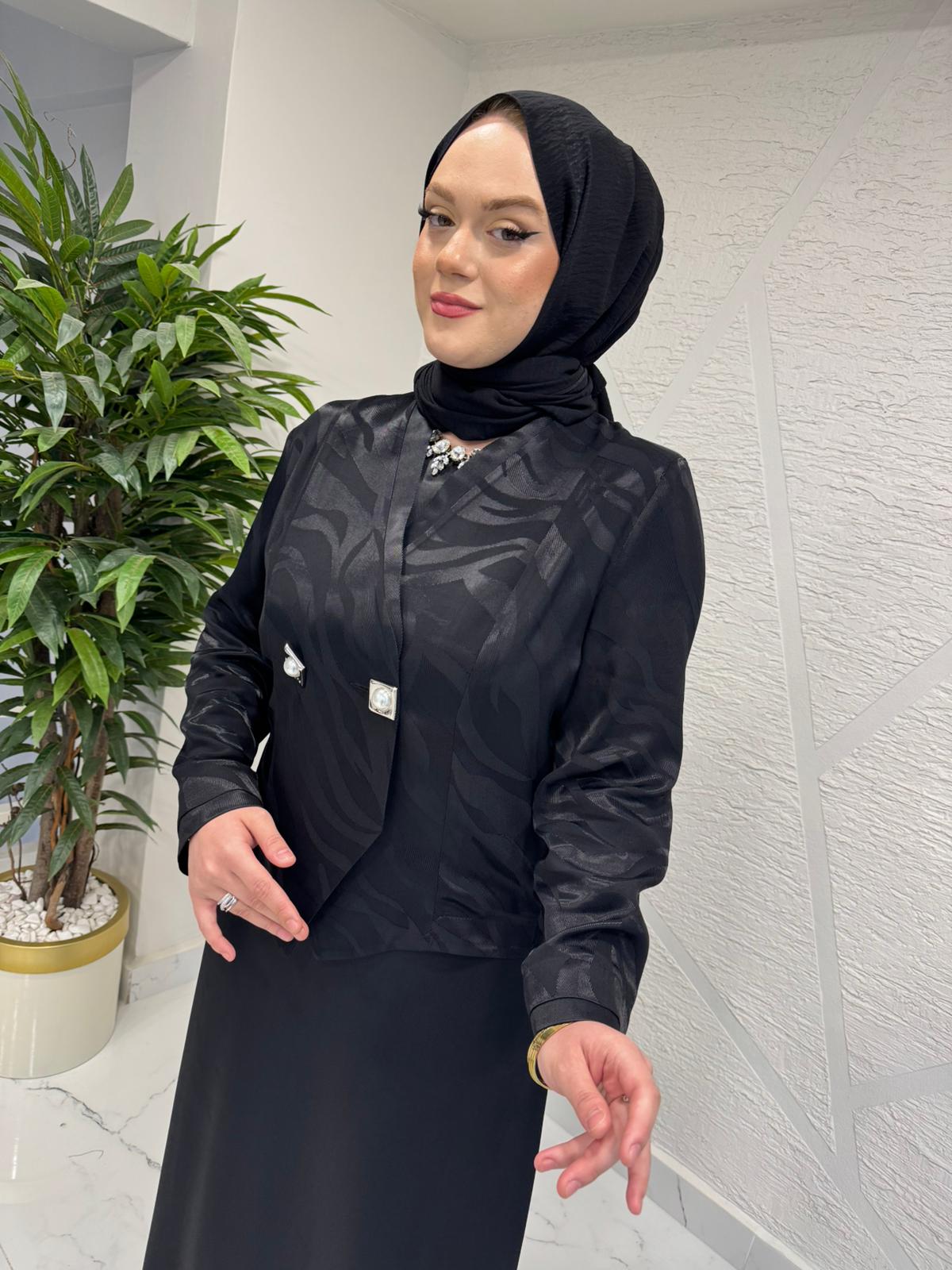 OTTO 7466 JAKAR KUMAŞ İNCİ DÜĞMELİ CEKET TAKIM SİYAH