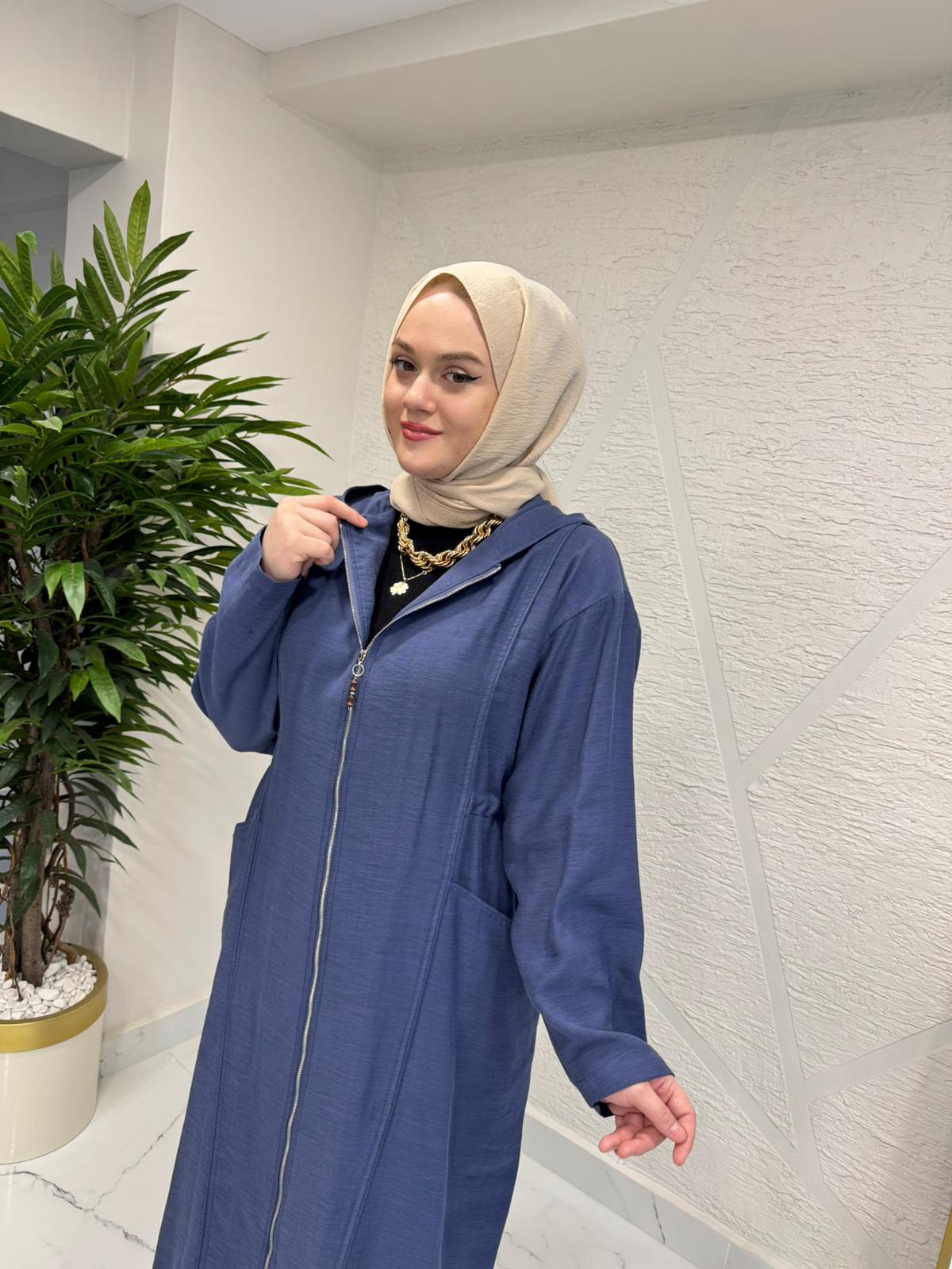 CEREMONY 26Y803 KAPÜŞONU VE ÖNÜ FERMUARLI KETEN KAP İNDİGO