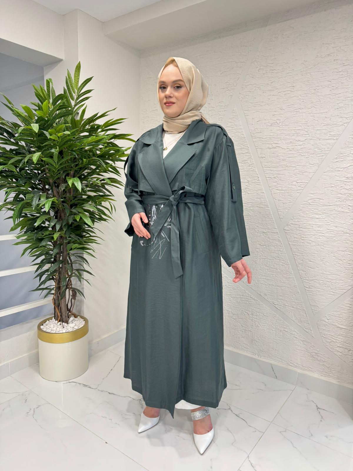 CEREMONY 26Y808 KRUVAZE BASKILI SAFARİ TRENÇKOT YEŞİL