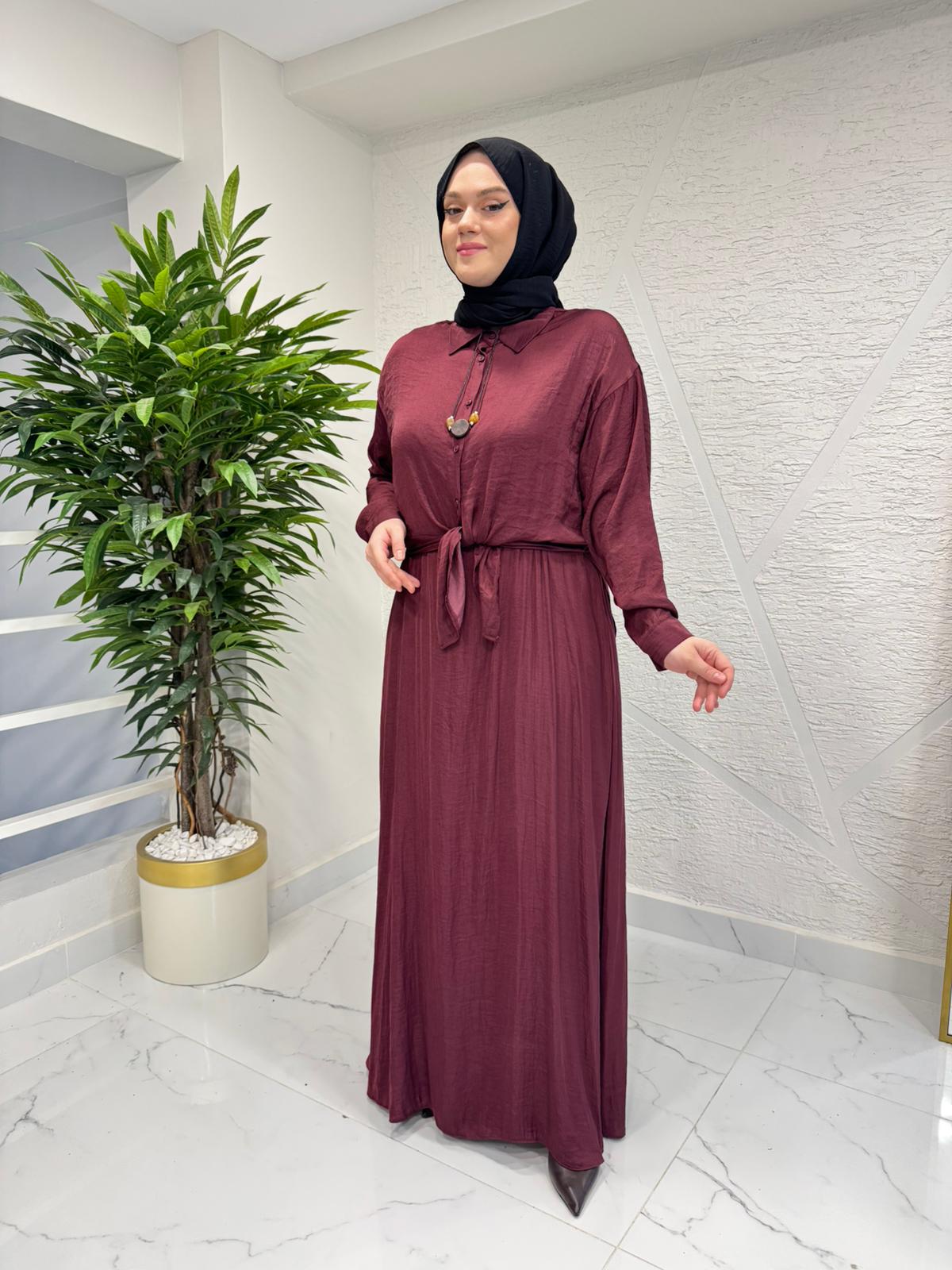 CEREMONY 26Y904 İÇ ELBİSESİ TAHTA KOLYE VE AKSESUARLI TUNİKLİ ELBİSELİ CUPRA TAKIM BORDO