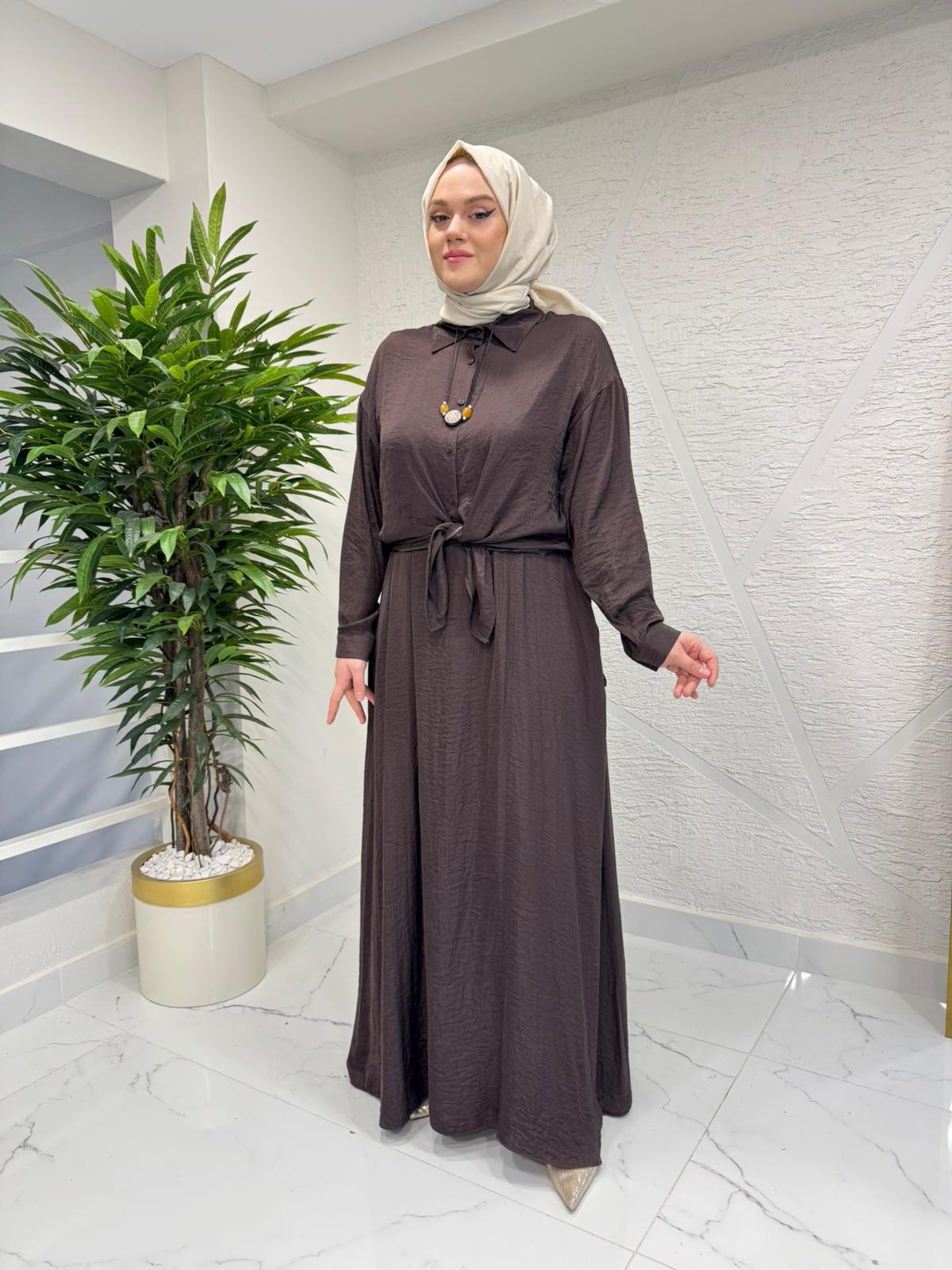 CEREMONY 26Y904 İÇ ELBİSESİ TAHTA KOLYE VE AKSESUARLI TUNİKLİ ELBİSELİ CUPRA TAKIM KAHVERENGİ