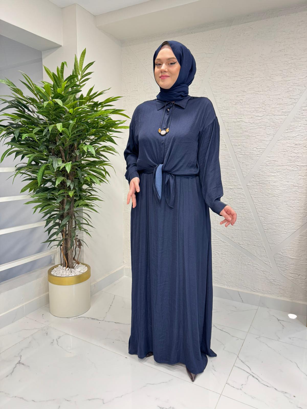 CEREMONY 26Y904 İÇ ELBİSESİ TAHTA KOLYE VE AKSESUARLI TUNİKLİ ELBİSELİ CUPRA TAKIM LACİVERT