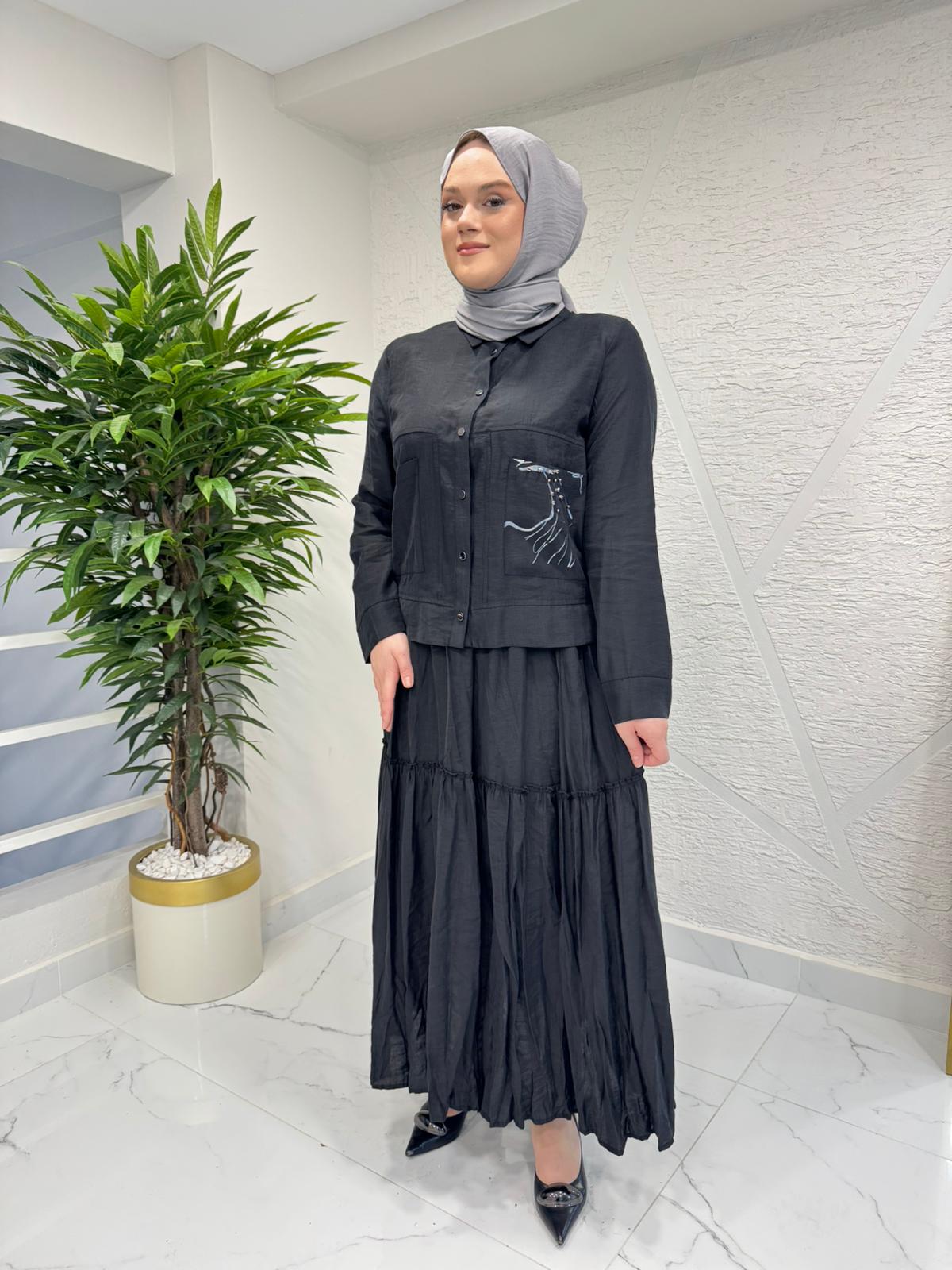 CEREMONY 26Y907 CEBİ BASKILI ETEĞİ KRAŞLI TAKIM SİYAH