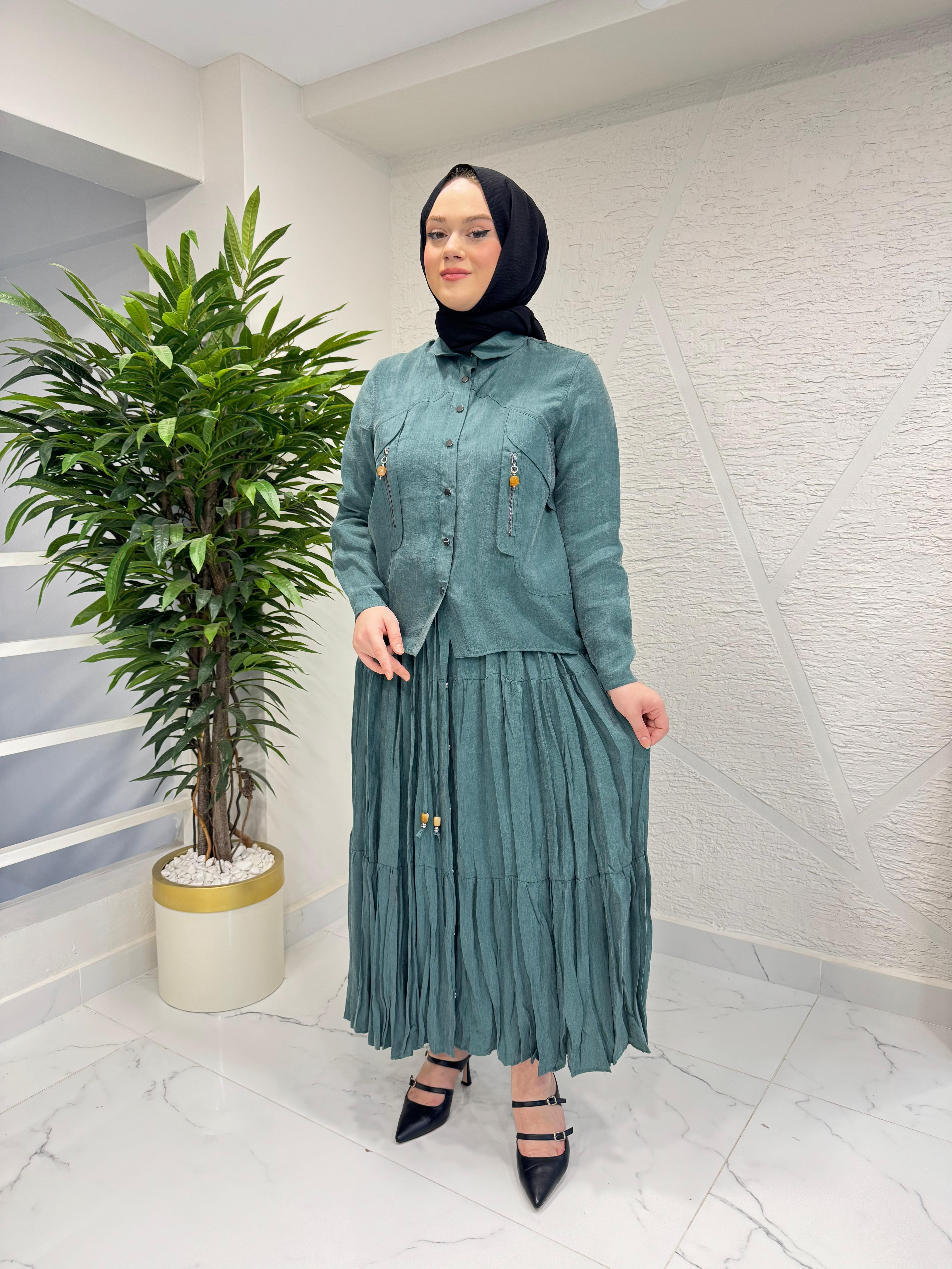 CEREMONY 26Y916 CEBİ FERMUAR DETAYLI SUEL ETEKLİ TAKIM YEŞİL