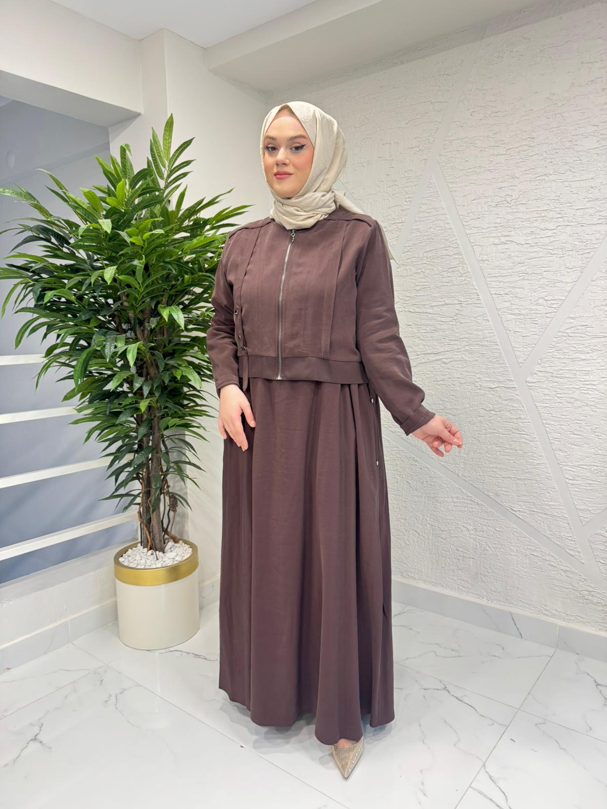 CEREMONY 26Y922 METAL D TOKALI VE ÇIT ÇIT DETAYLI MODAL BOLEROLU ELBİSE KAHVERENGİ