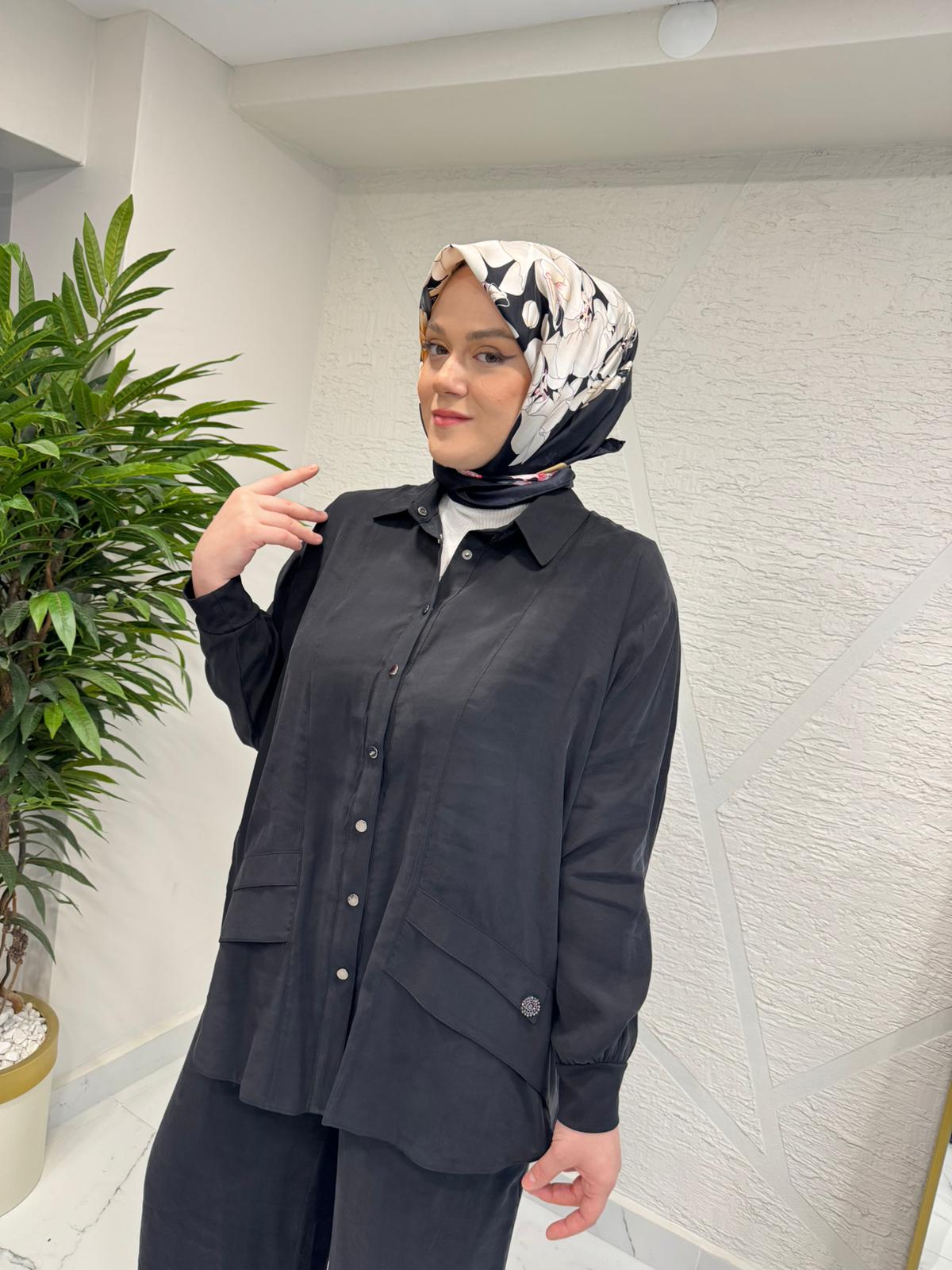 CEREMONY 26Y927 CEP KAPAKLARI TAŞ İŞLEMELİ MODAL PANTOLONLU TAKIM SİYAH