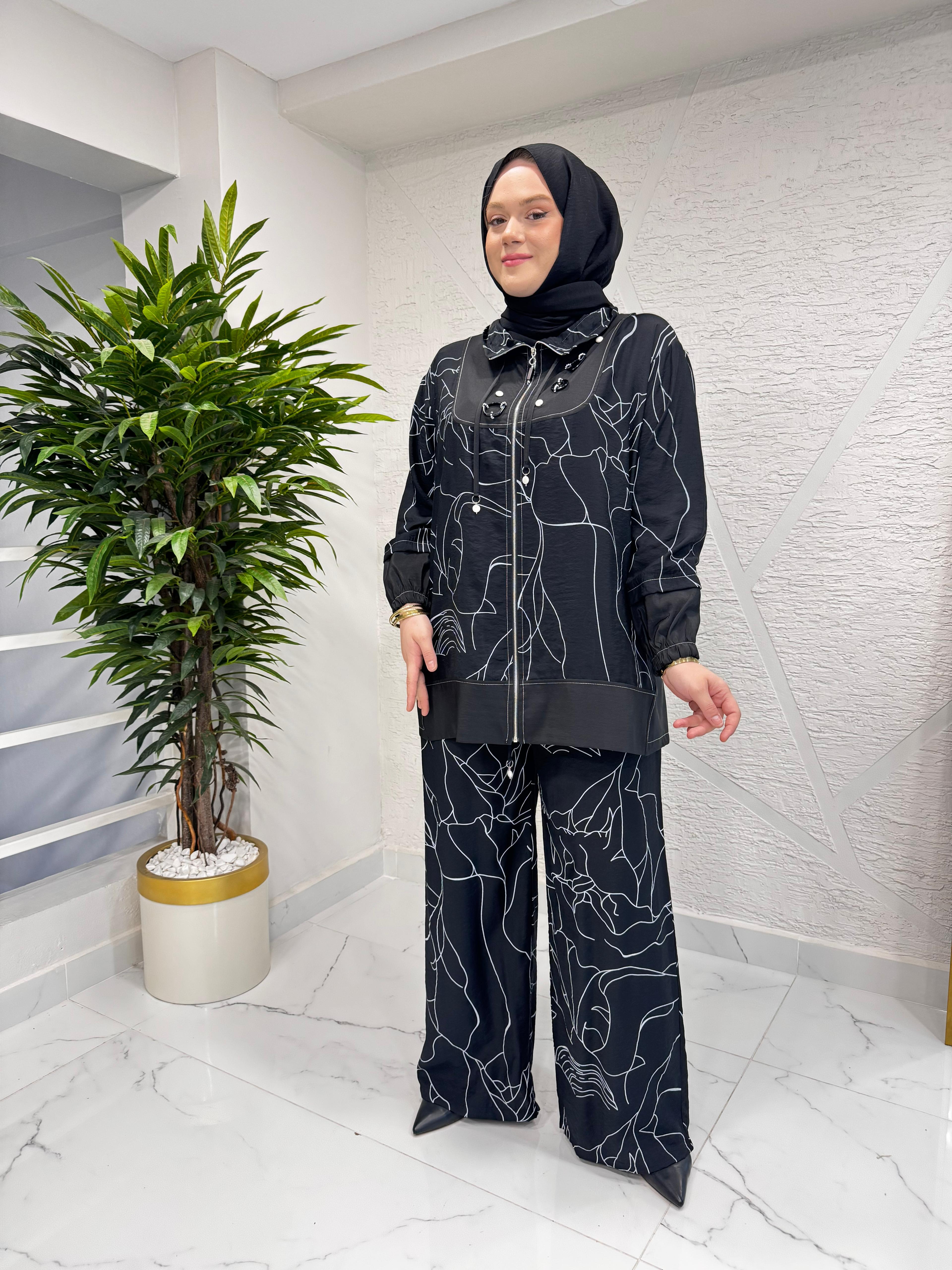 CEREMONY 26Y947 HALKA AKSESUAR DETAYLI ÖNDEN FERMUARLI SAMARA PANTOLONLU TAKIM SİYAH