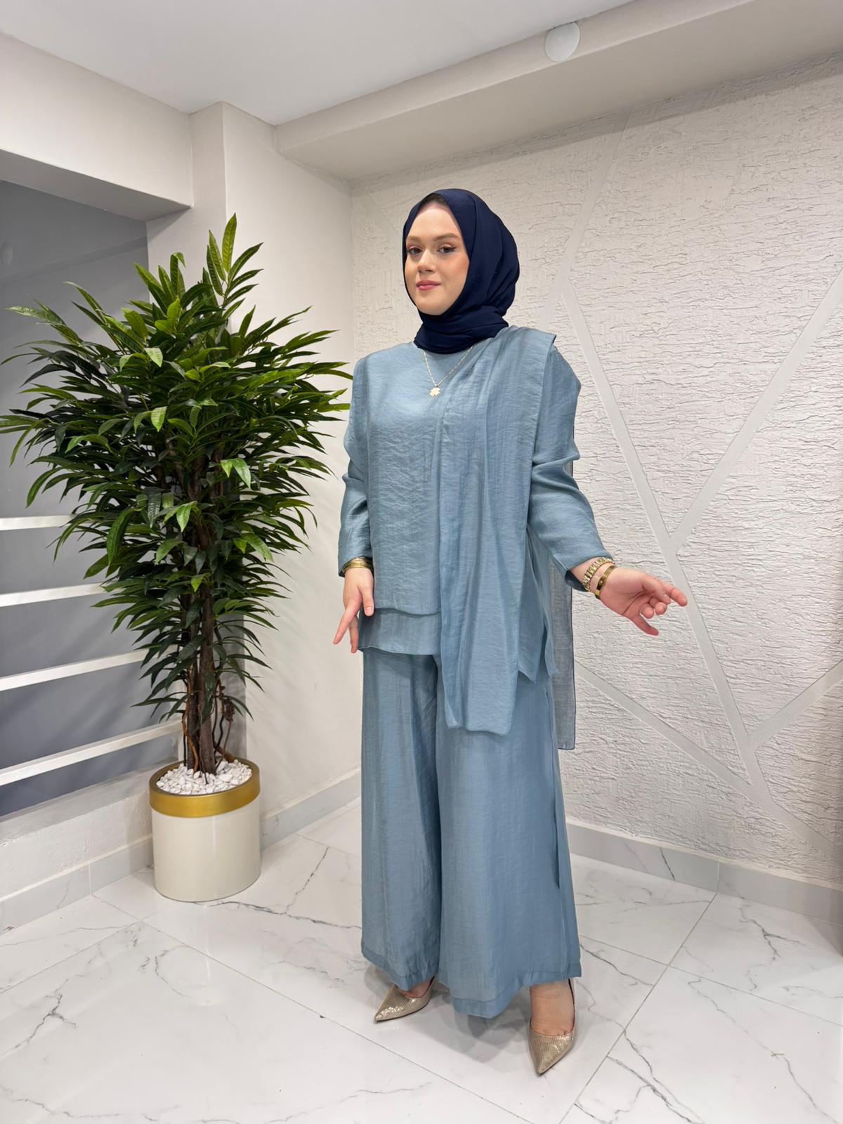 CEREMONY 26Y965 BLUZUNUN ÖNÜ PARÇALI BOL PAÇA PANTOLONLU NİL TAKIM MAVİ