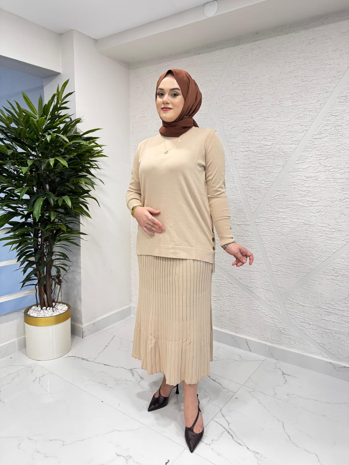 MİSSA ASMİN KELEBEK TRİKO ETEK TAKIM BEJ