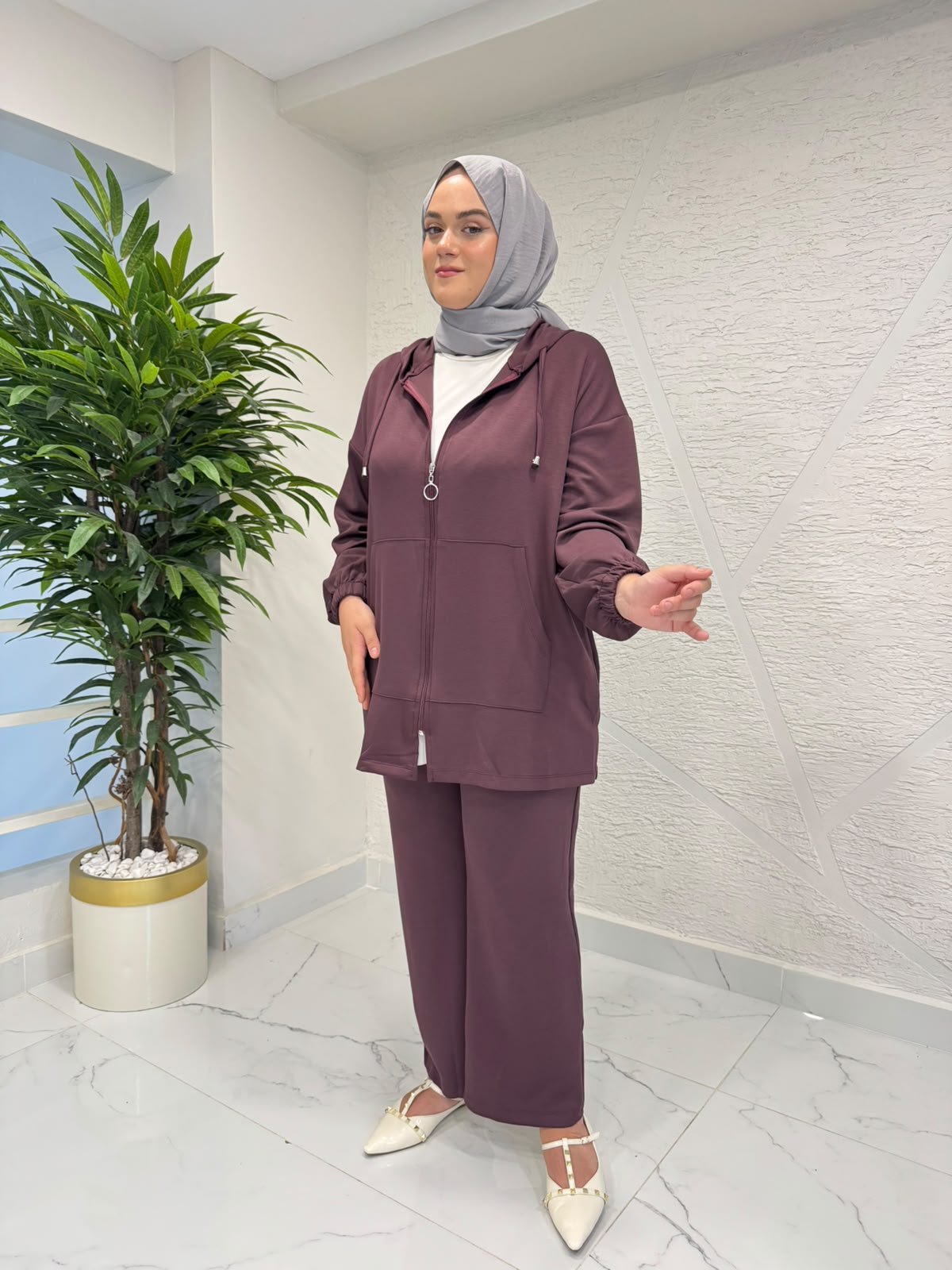 MİHRAN KAPÜŞONLU CEPLİ PANTOLON TAKIM BORDO