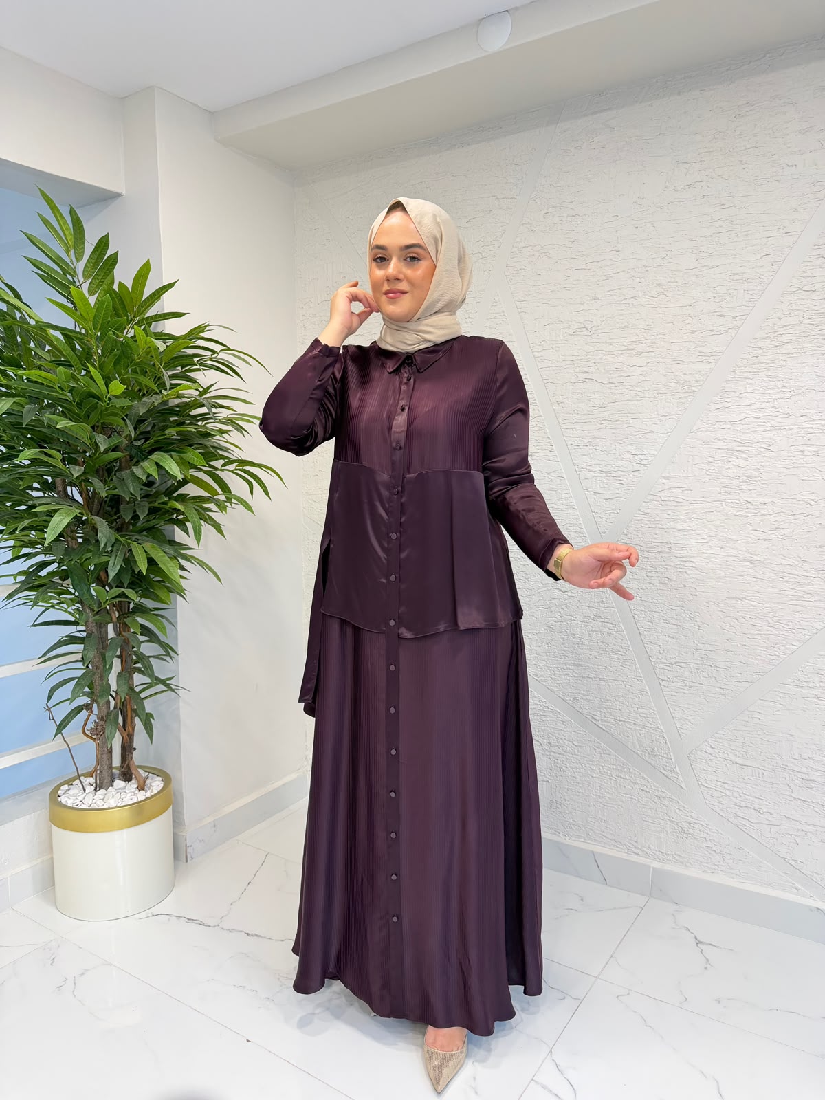 CEREMONY 26K726 ÖNDEN DÜĞME DETAYLI SATEN ELBİSE BORDO
